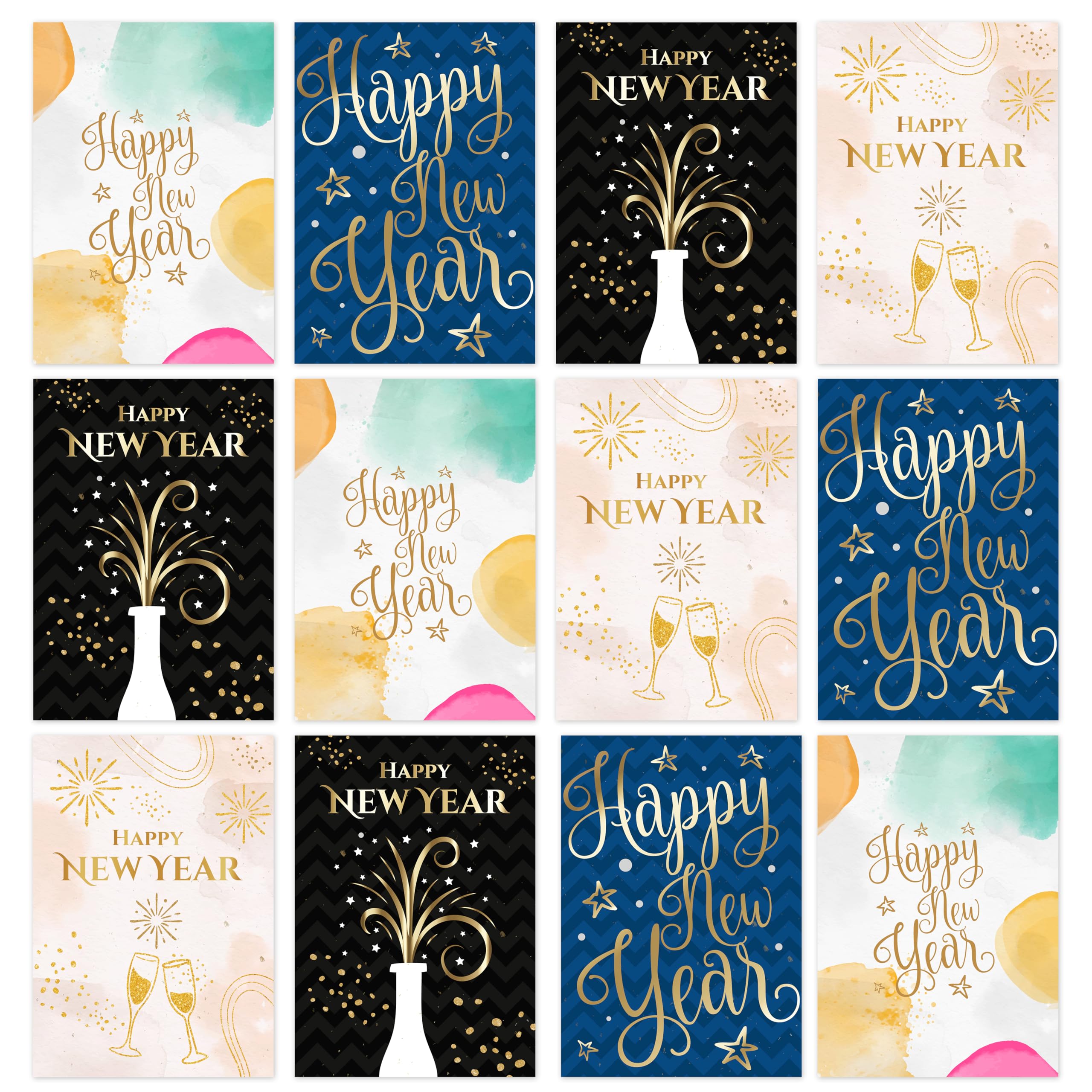 Giftinghouse Happy New Year Cards 2026 Pack of 12/24/48, Gold Foil Greeting Cards Multipack with White Envelopes