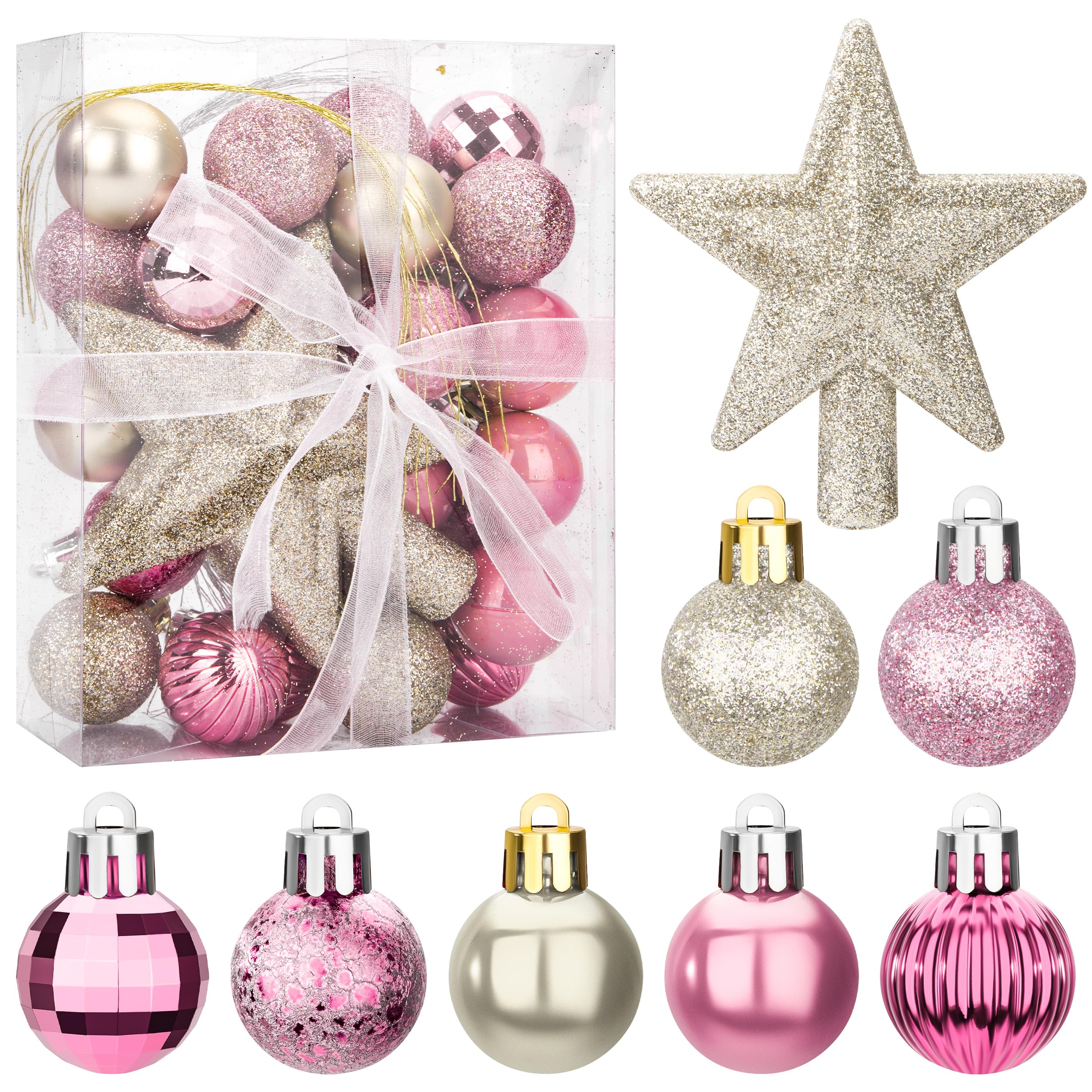 Bolas de Navidad, 30 Piezas Mini Adornos Navideños, Decoracion de Bolas Árbole de Navidad Plástico, Colgante Regalos Navidad Decoración Casa para Fiesta y Festival (Blanco Oro Rosa)
