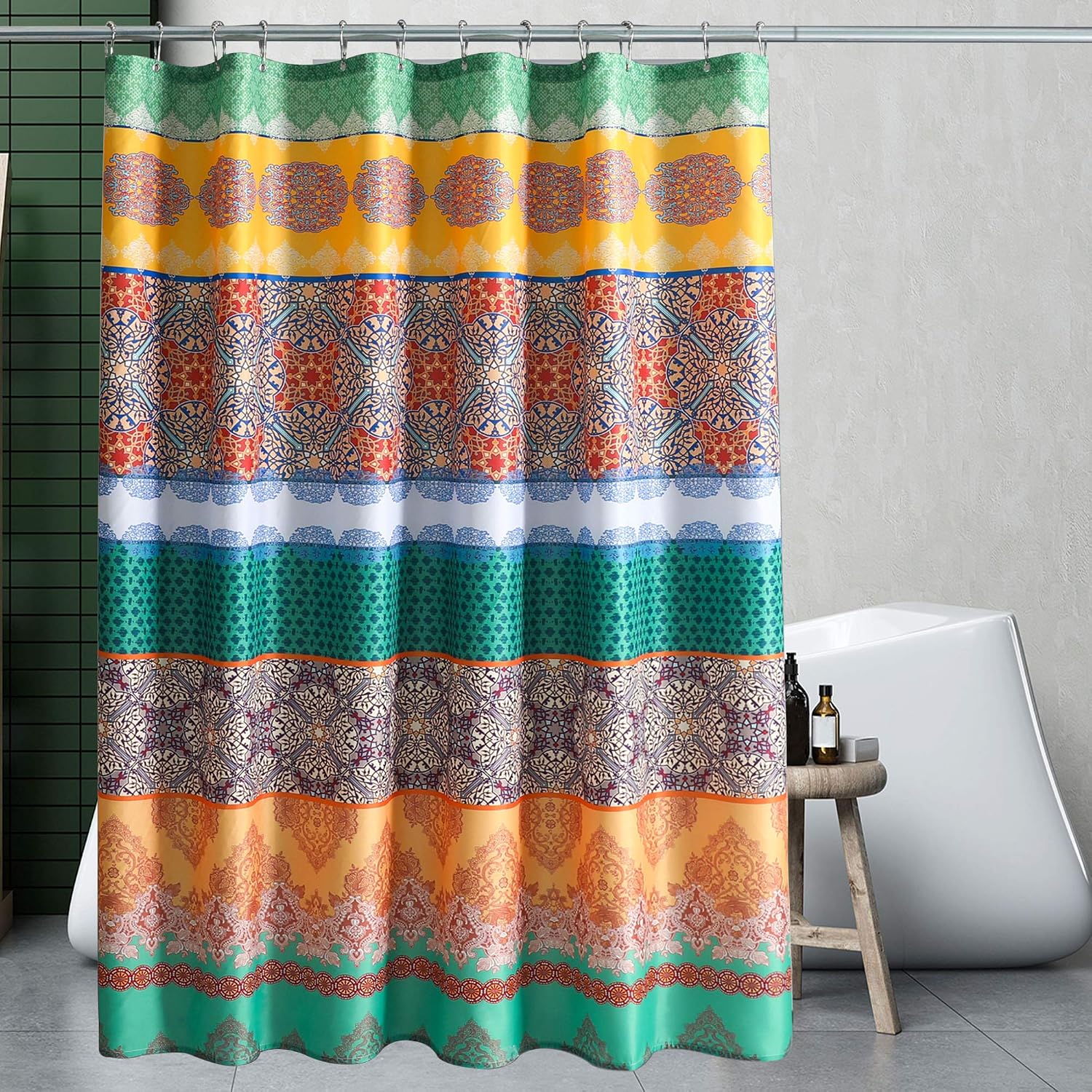 Exclusivo Mezcla Fabric Boho Shower Curtain Set with 12 Hooks for Bathroom, Waterproof and Machine Washable - 72" X 72", Green
