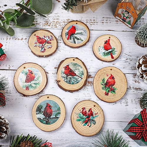 Miniatura 10 de 16 piezas de pájaros rojos de Navidad colgantes de rebanadas de madera con cuerda de cáñamo para decoración de árbol de Navidad, manualidades,