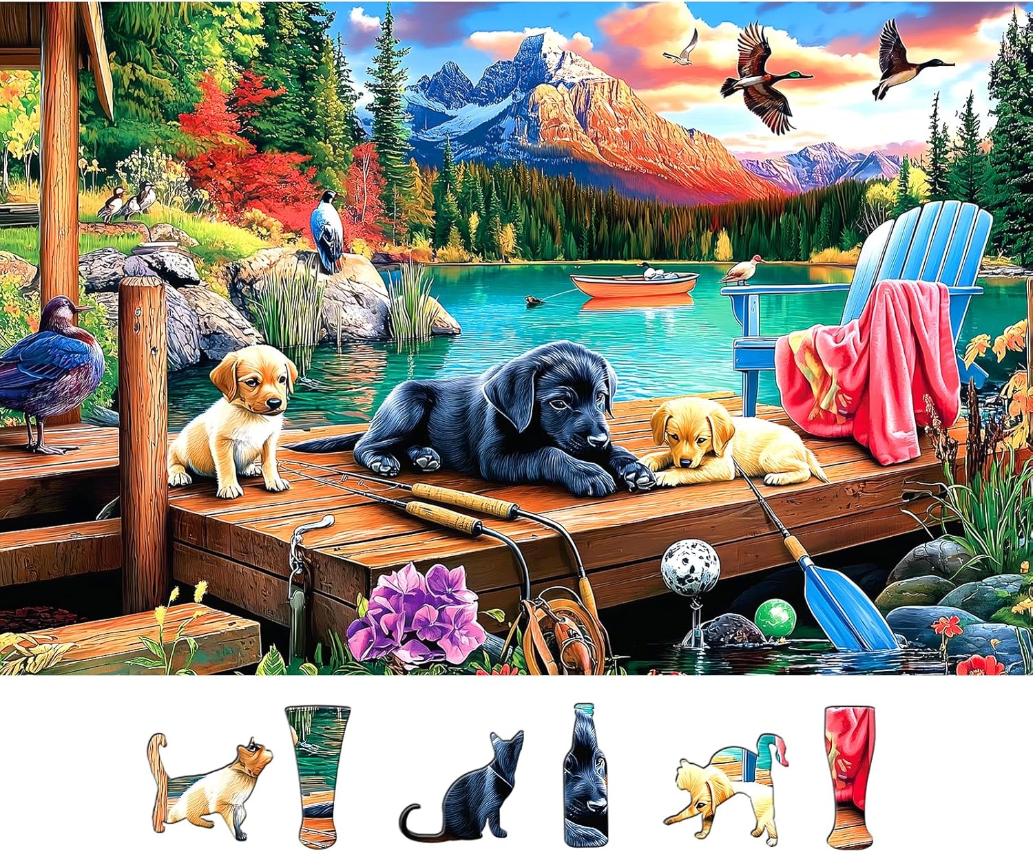 Lake Dock Puppies 500 Piece Puzzles for Adults Mountain Forest Outdoor Scene Jigsaw Puzzle with Cute Dogs,Ducks & Fishing Gear - Challenging Family Game for Adults Ideal Gift