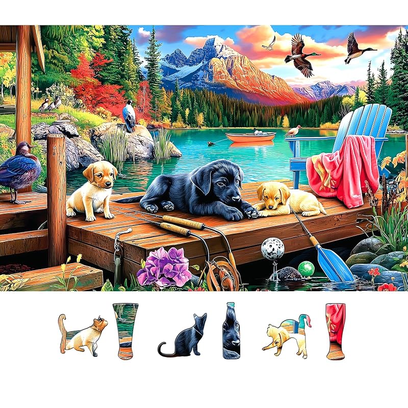 Lake Dock Puppies 500 Piece Puzzles for Adults Mountain Forest Outdoor Scene Jigsaw Puzzle with Cute Dogs,Ducks & Fishing Gear - Challenging Family Game for Adults Ideal Gift