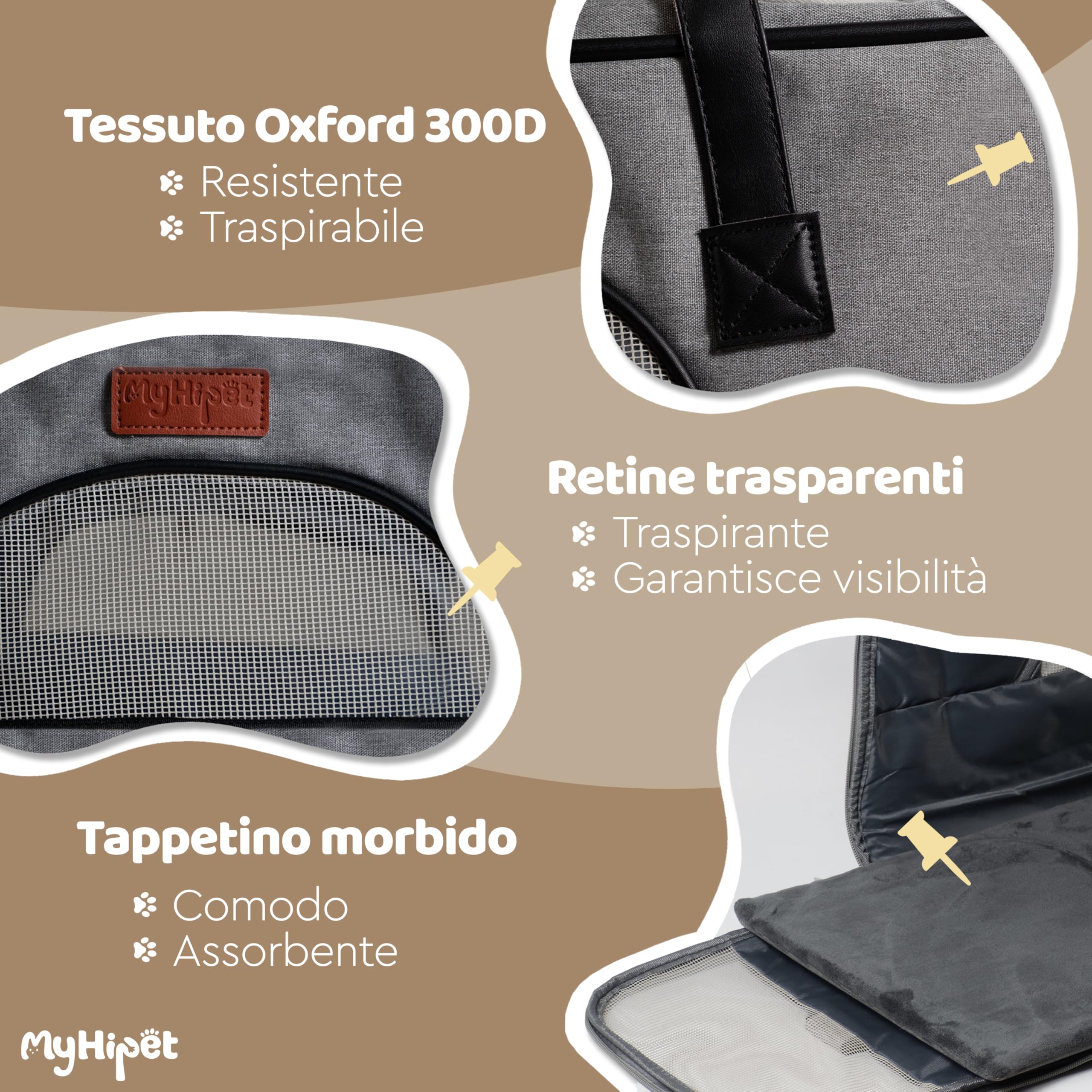 Trasportino per Gatti e Cani Grande in Oxford 300D - Trasportino per cani Auto Ideale anche per Viaggi Aerei - Misura 48x28x30 cm (Grigio)