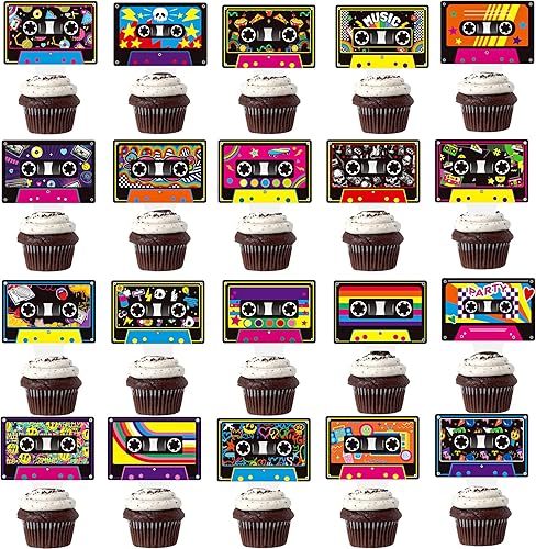 Miniatura 6 de 48 cintas de casete para cupcakes, decoración de tartas de fiesta temática de los años 80, decoraciones retro para fiestas de cumpleaños para