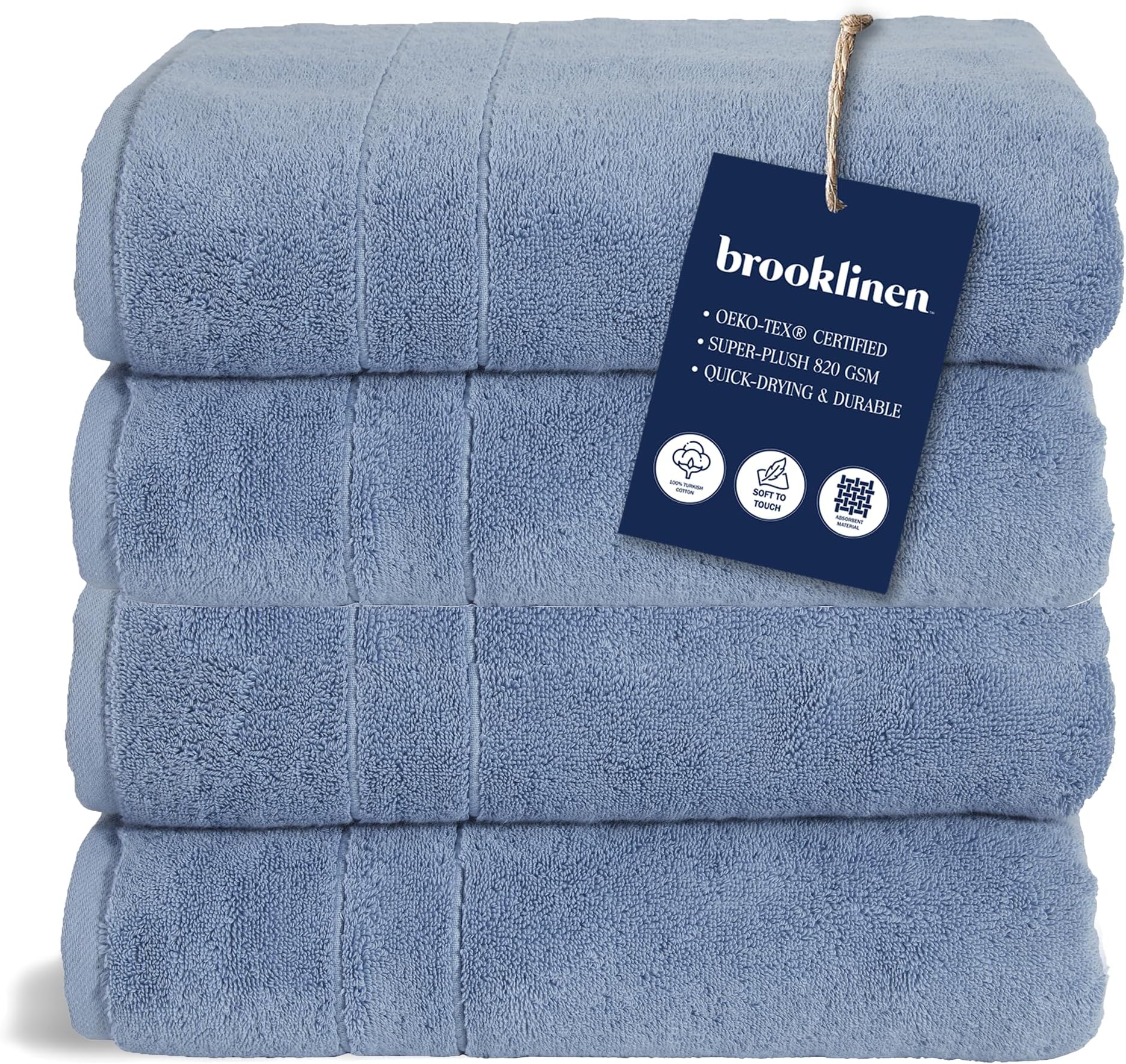 BrooklinenSuper-Plush Turkish Cotton Bath Towels Includes 4 Bath Towels Cotton, 820 GSM, Highly Absorbent, Machine Washable, Perfect for Home & Bathroom (Ocean Blue)