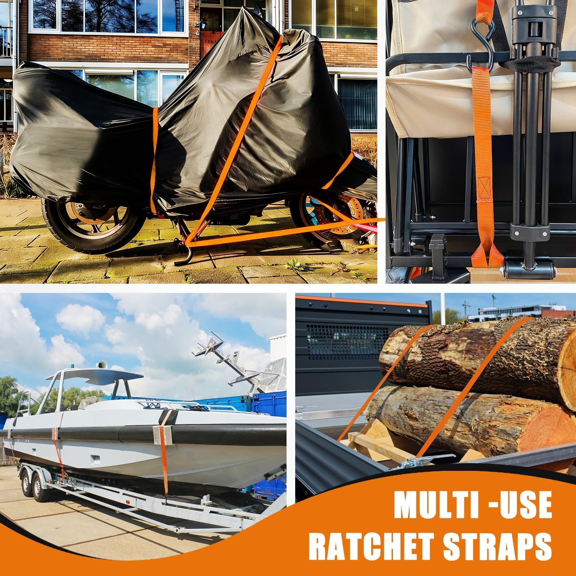 AWELCRAFT Lot de 4 Sangles à Cliquet – 680 kg de Résistance à la Rupture, 4,5 m de Longueur, Orange avec Crochets en S & Boucles Souples – Idéal pour Moto, VTT, Bateau, Meubles, Déménagement