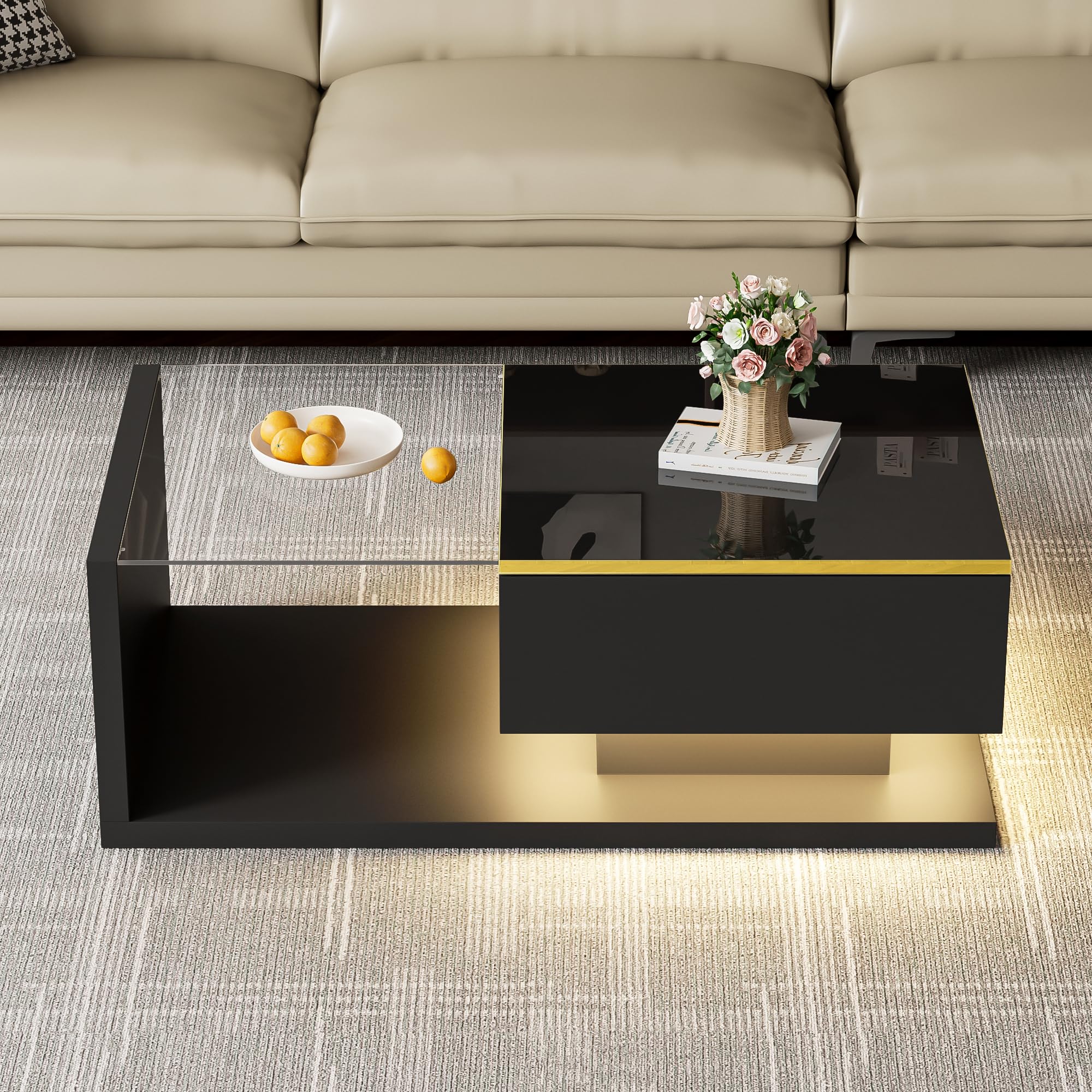BTM 90 cm Long Coffee Table, High-Gloss Black. Side Tables, Coffee Tables with Glass and LED Effect