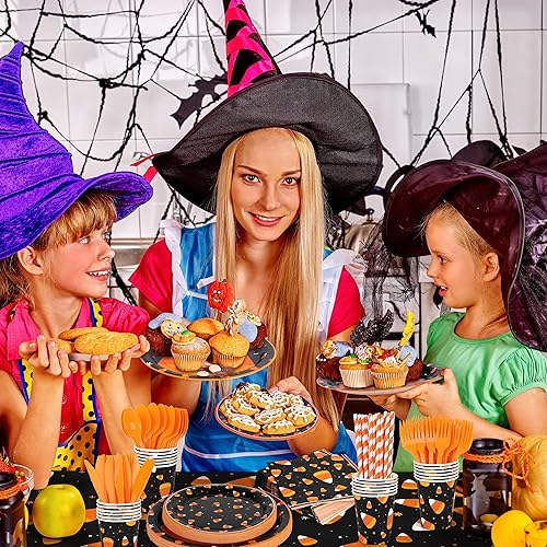 Miniatura 6 de durony Juego de vajilla de 193 piezas de suministros de fiesta de maíz de caramelo de Halloween, platos de truco o trato y mantel de maíz de