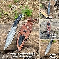 Vista 2 de Cuchillo de caza hecho a mano de acero de Damasco con funda de cuero, cuchillos Bowie de Damasco de hoja fija forjados a mano de 10.5 pulgadas