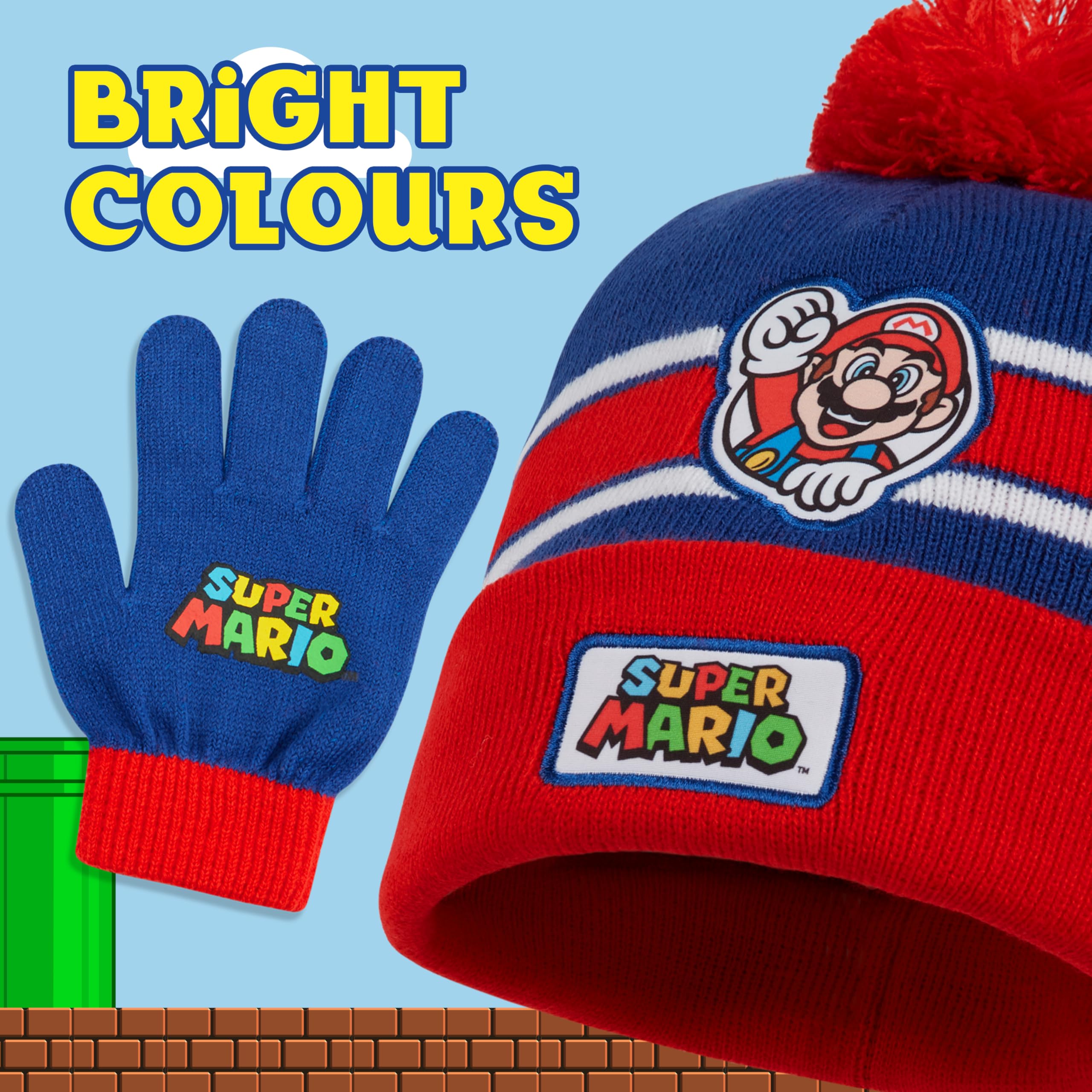 Super Mario Gorro y Guantes Set 2 Pzs o Conjunto Bufanda Gorro y Guantes Niño 3 Piezas, 6-14 Años, Accesorios de Invierno Niños