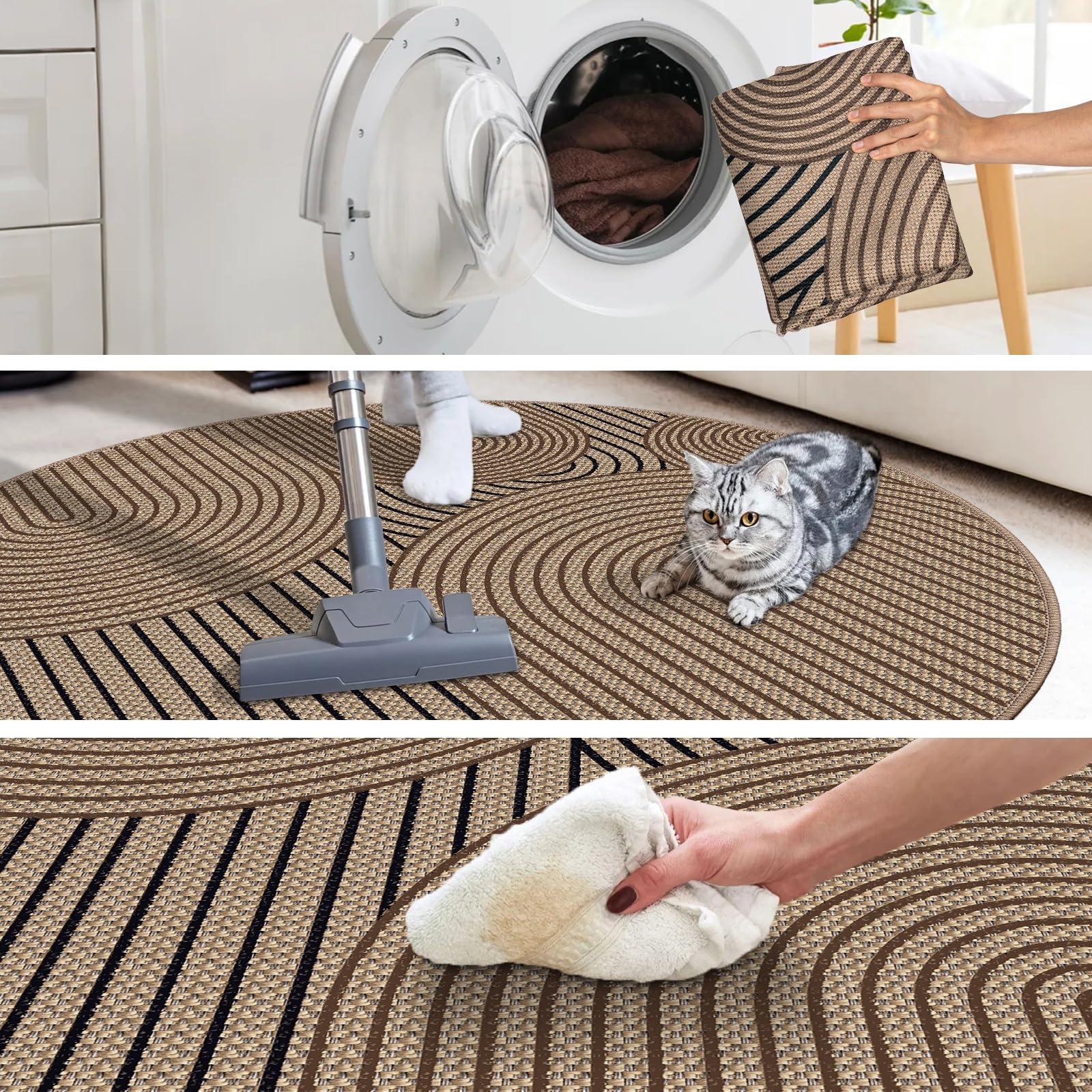 Teppich rund 160 cm, Leichter Jute Aussehen Teppich, Rutschfest Wohnzimmerteppich, Outdoor Teppich Waschbarer, Minimalistisch Boho Teppich Braun für Schlafzimmer, Wohnzimmer und Balkon