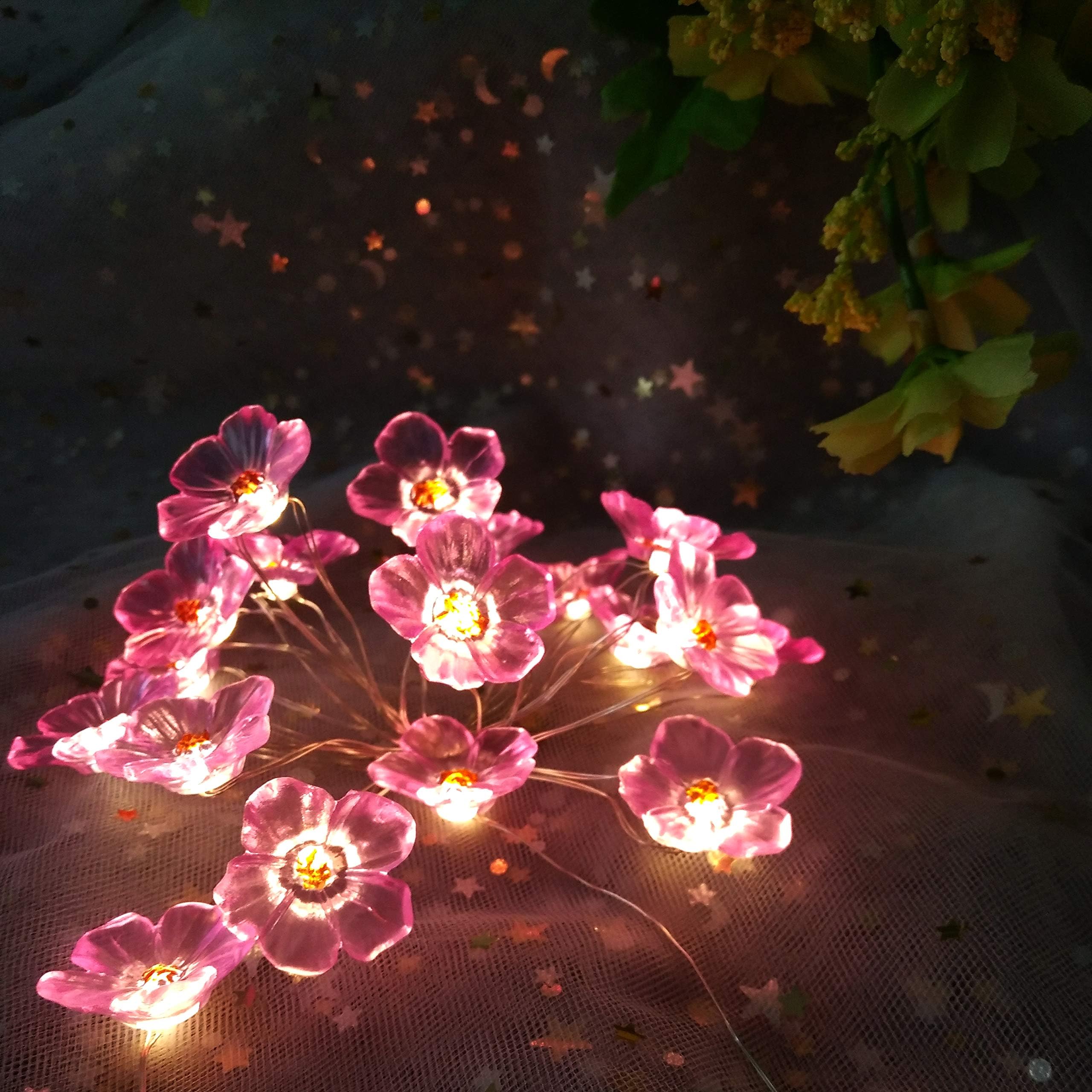 FLCSIed Pink Cherry Blossom Fairy String Lights 10ft 30 LEDs Battery Operated Fun Room Lights for Spring Decoration with Timer (Pink Cherry Blossom)