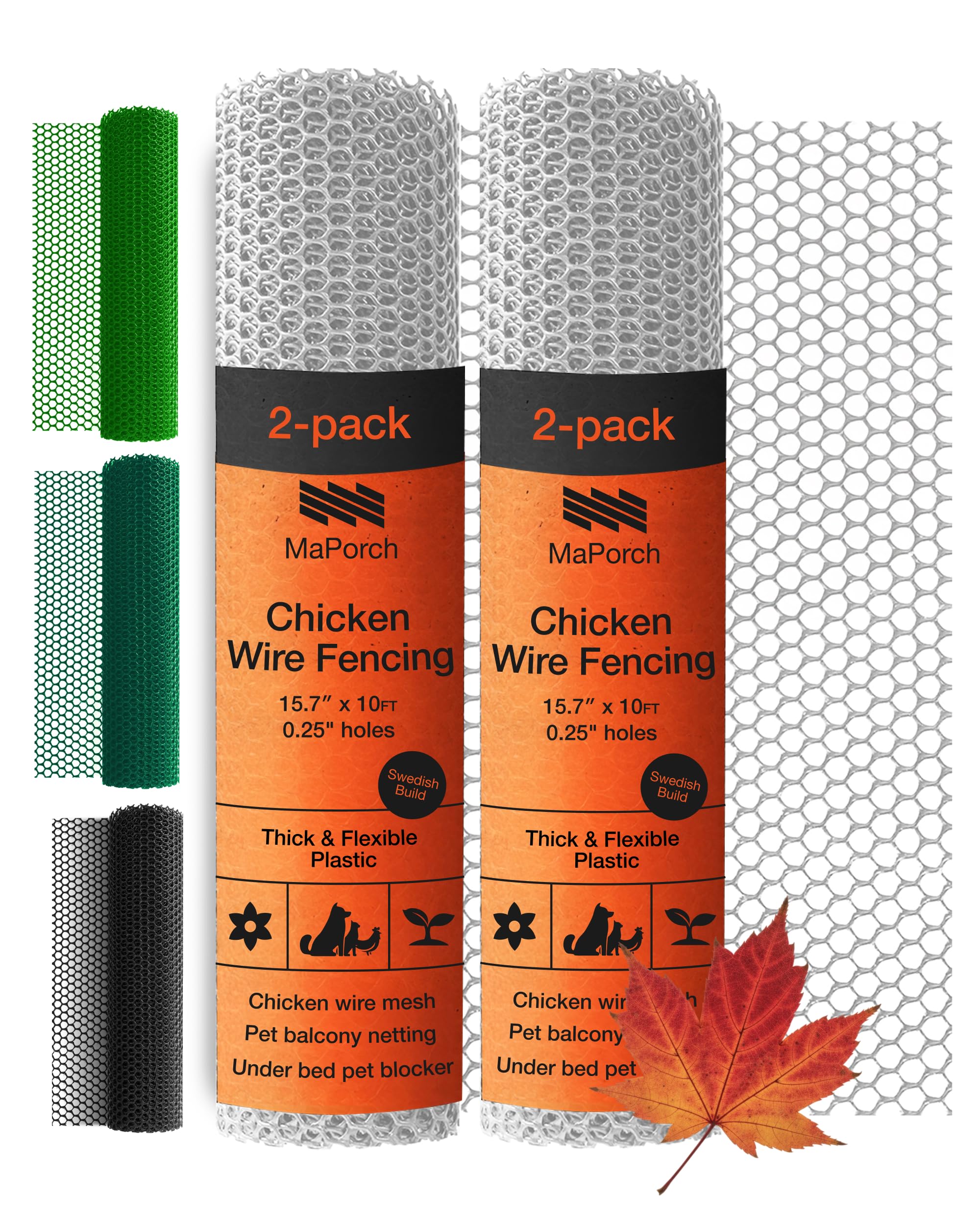 MaPorch Plastic Chicken Wire Mesh Fence - White Mesh, 15.7 in x 10 ft, 2-Pack - Quick-Install Chicken Wire Fencing - Plant Protectors from Animals - Durable Garden Netting - Pet & Poultry Netting