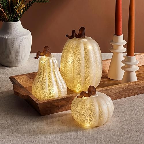 Miniatura 5 de LampLust Calabaza de cristal blanco con luces, juego de 3, estilo de cristal de mercurio, pilas incluidas, decoraciones de cosecha de Acción de