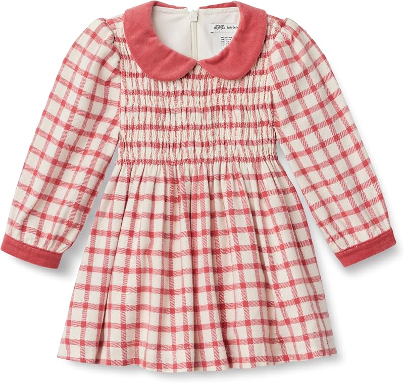 Amazon Essentials x Sofia Grainge Toddler and Baby Girls' Long Sleeve Flannel Dress with Velvet Collar, Fit and Flare