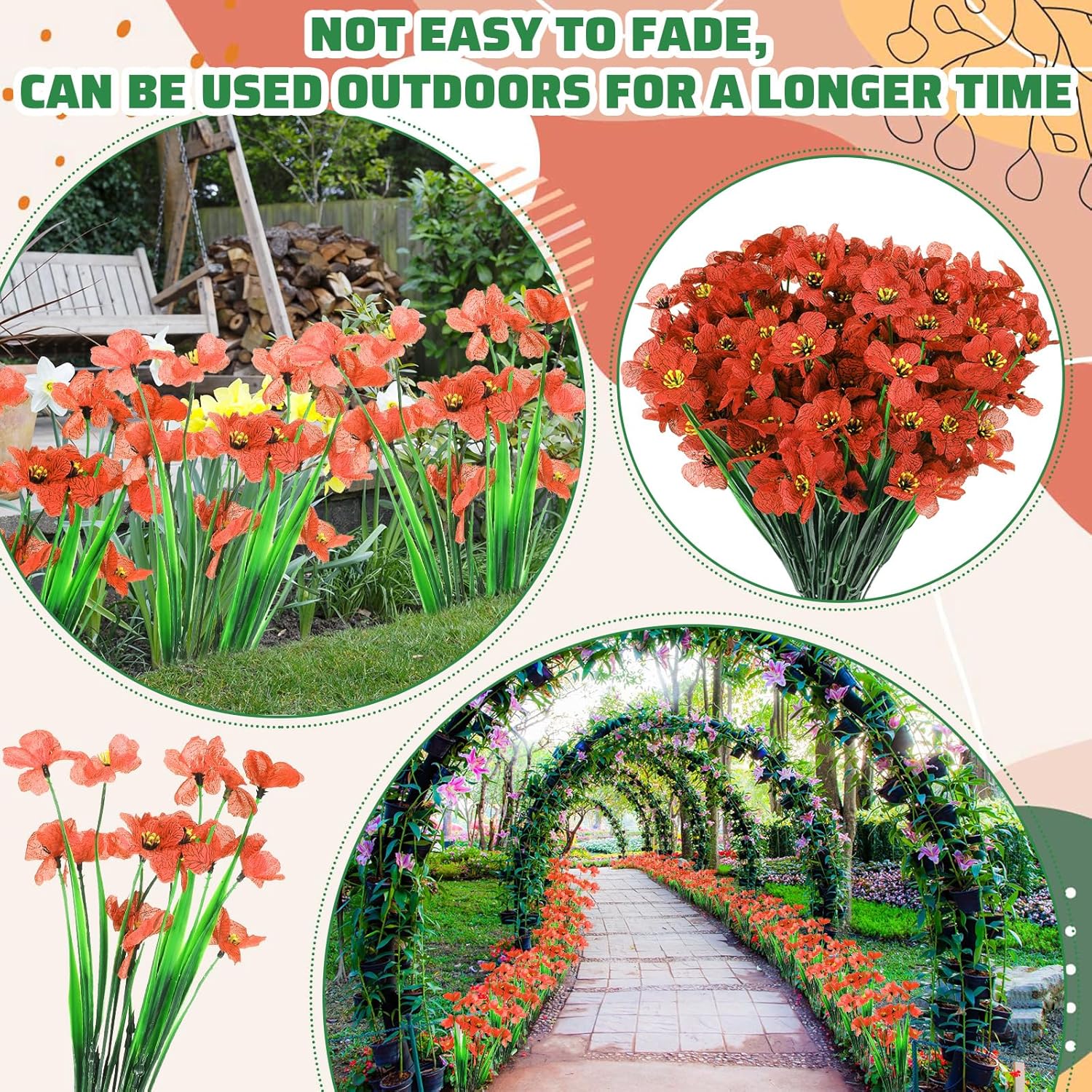 Jexine 50 Bundles Artificial Flower for Outdoors Decoration Fake Violet Silk Flower UV Resistant Fake No Fade Realistic Faux Plant for Spring Summer Garden Courtyard Home Porch Decor(Orange Red)