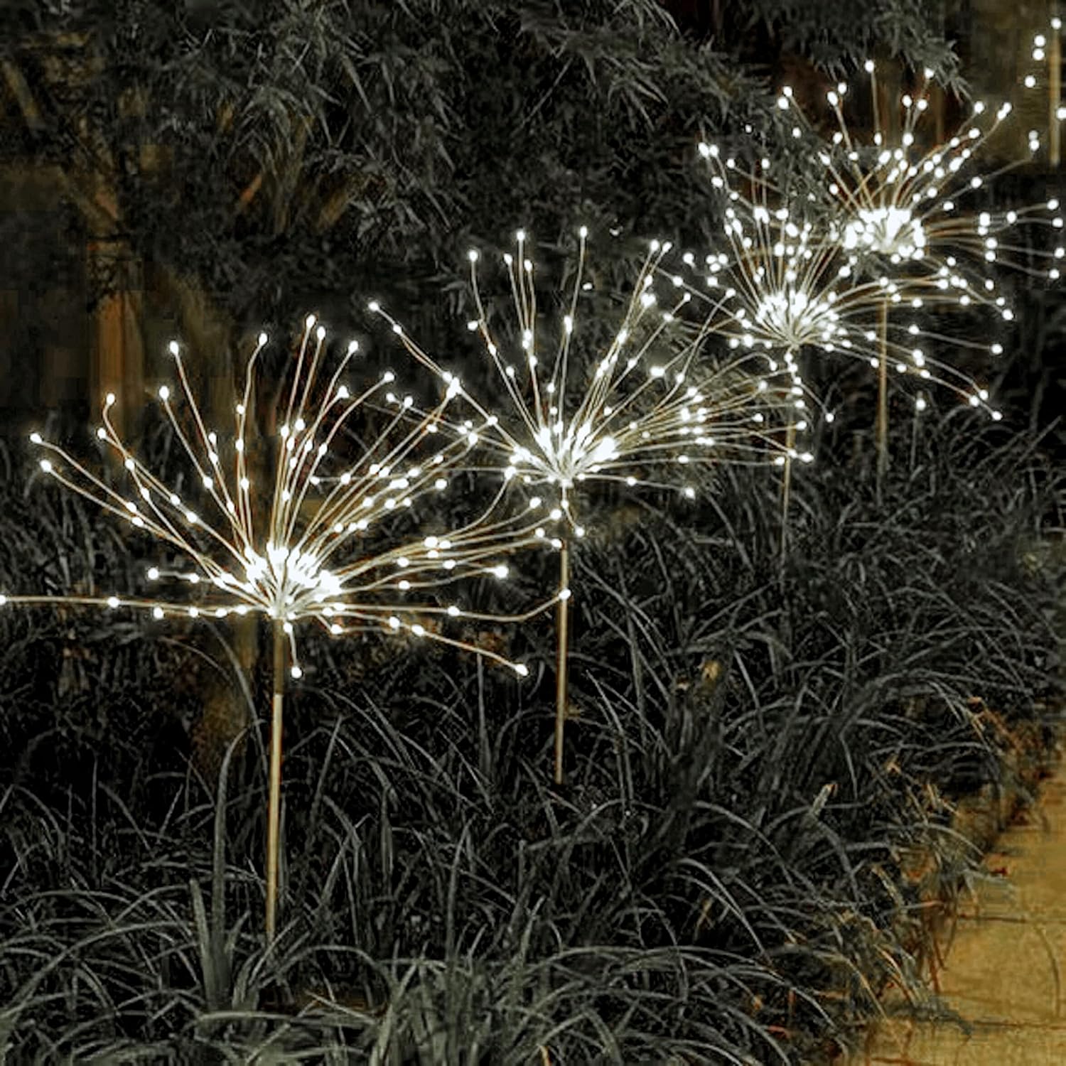 2 Pack Solar Garden Lights, 120 LED Solar Firework Lights Outdoor, Decorative Stake String Lights for Walkway Backyard Pathway Patio Christmas Wedding Party (4, Warm White)