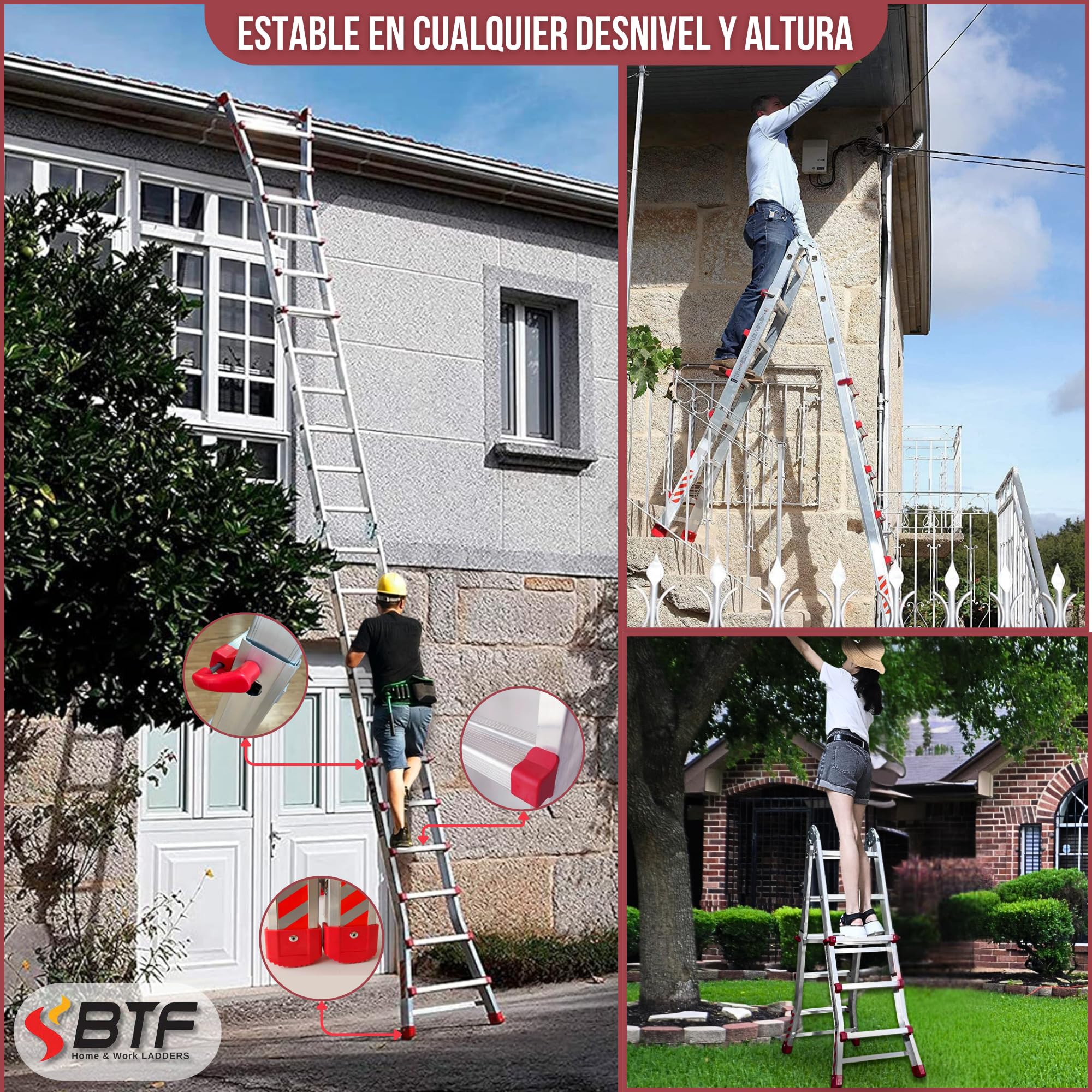 BTF Premium Escalera Telescópica hasta 20 Peldaños | Escaleras Plegables Aluminio | Escalera Extensible 4,7 Metros y 150kg | Multiposición Ladder | Escada Certificación EN131