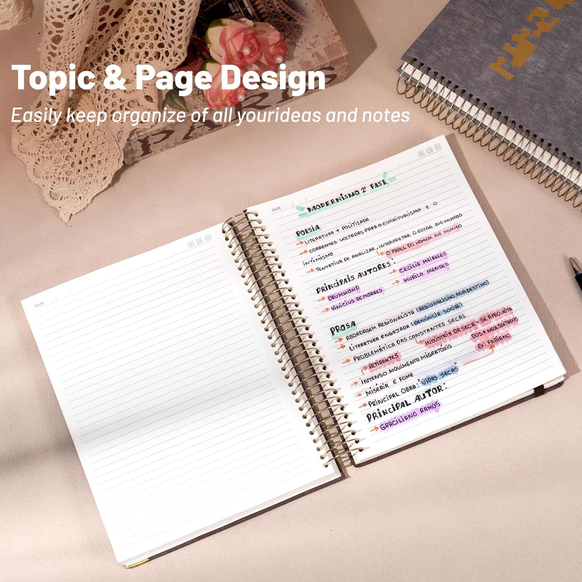 CAGIE Cuaderno de espiral de 8.5 x 11 pulgadas, 320 páginas de cuero A4, cuaderno grande de 100 g/m², rayado universitario, cuaderno grueso de tapa dura con calcomanías para hombres y mujeres, diario