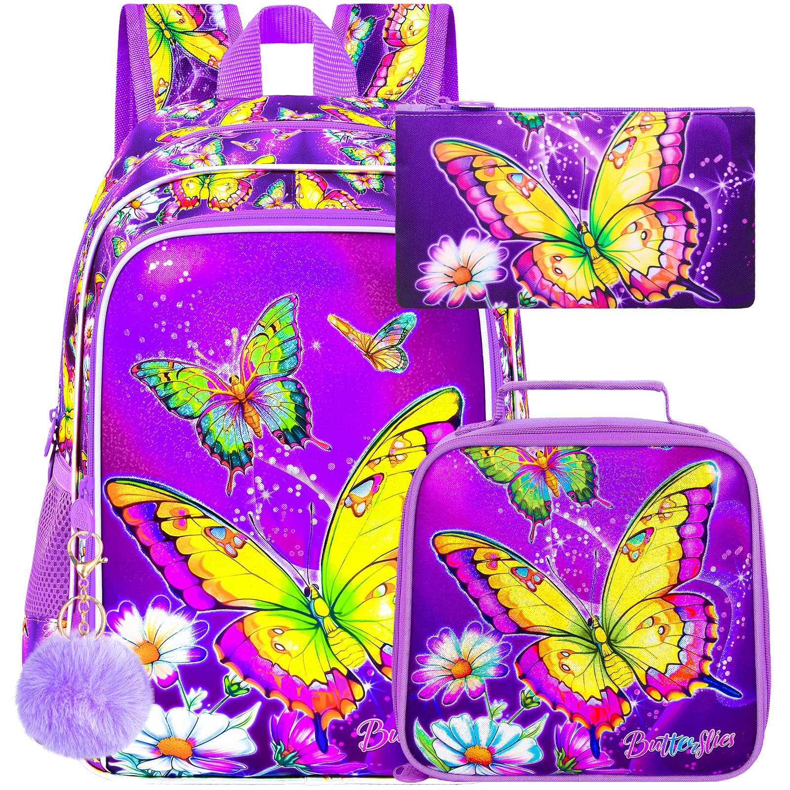 ZLYERT 16" Butterfly Backpack for Girls, 3Pcs Kids School Backpacks with Lunch Box, Bookbag for Elementary Preschool Kindergarten(Purple)