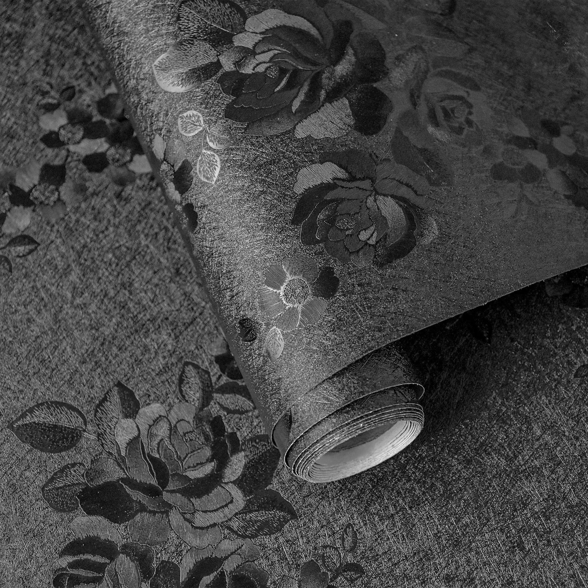 Lativo Black Peel and Stick Wallpaper Silk Embossed Floral Contact Paper for Cabinets Drawer Furniture Textured Flower Removable Wallpaper for Kitchen