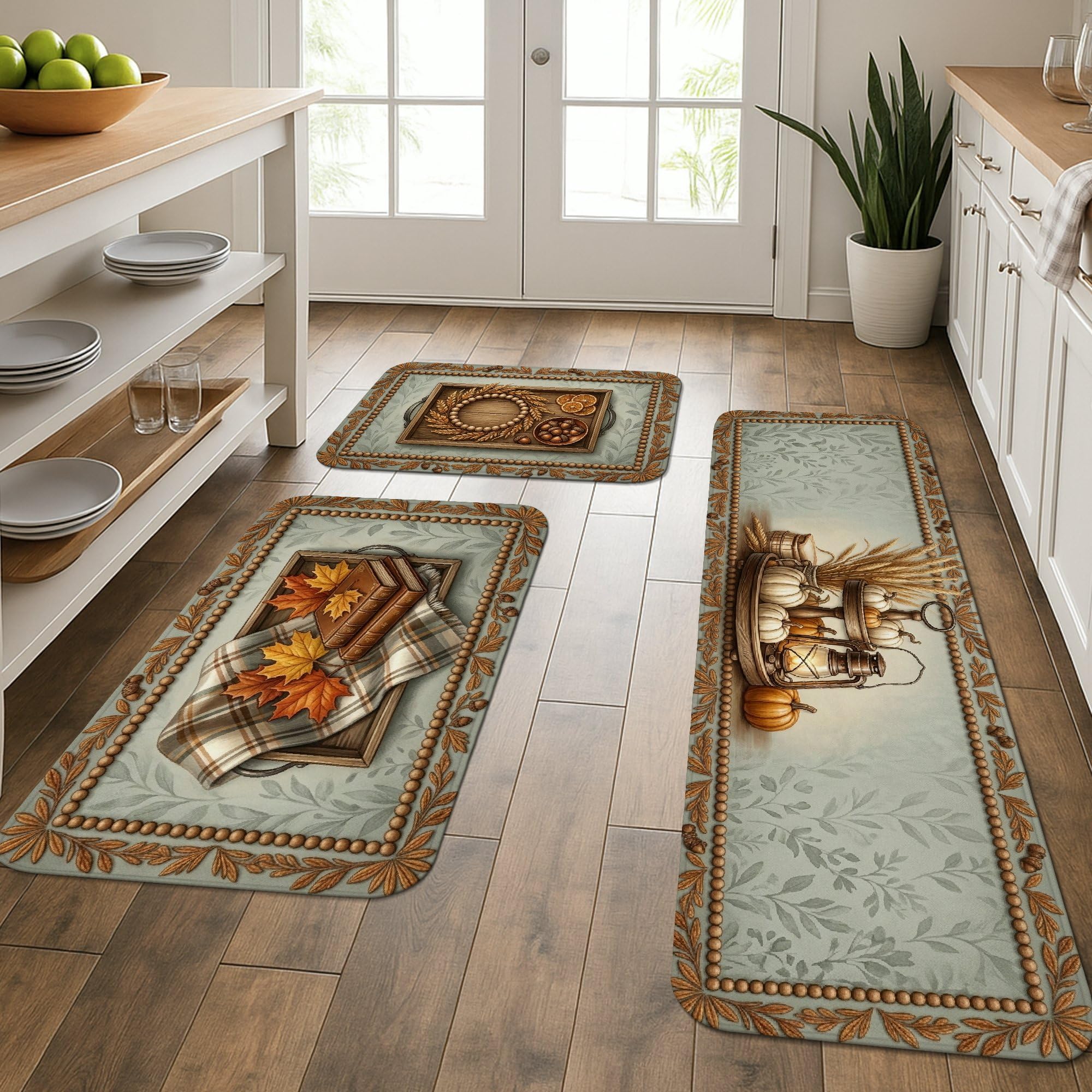 Tapis de cuisine motif citrouilles lavable et antidérapant, lot de 3 tapis confort marron