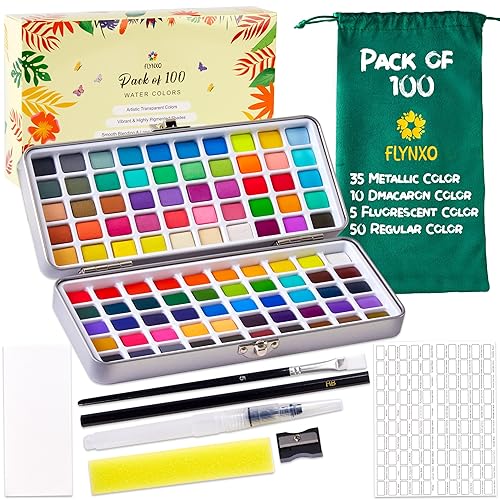 Watercolor Paint Set, 100 Colors, Includes Brushes and Palette, Metal