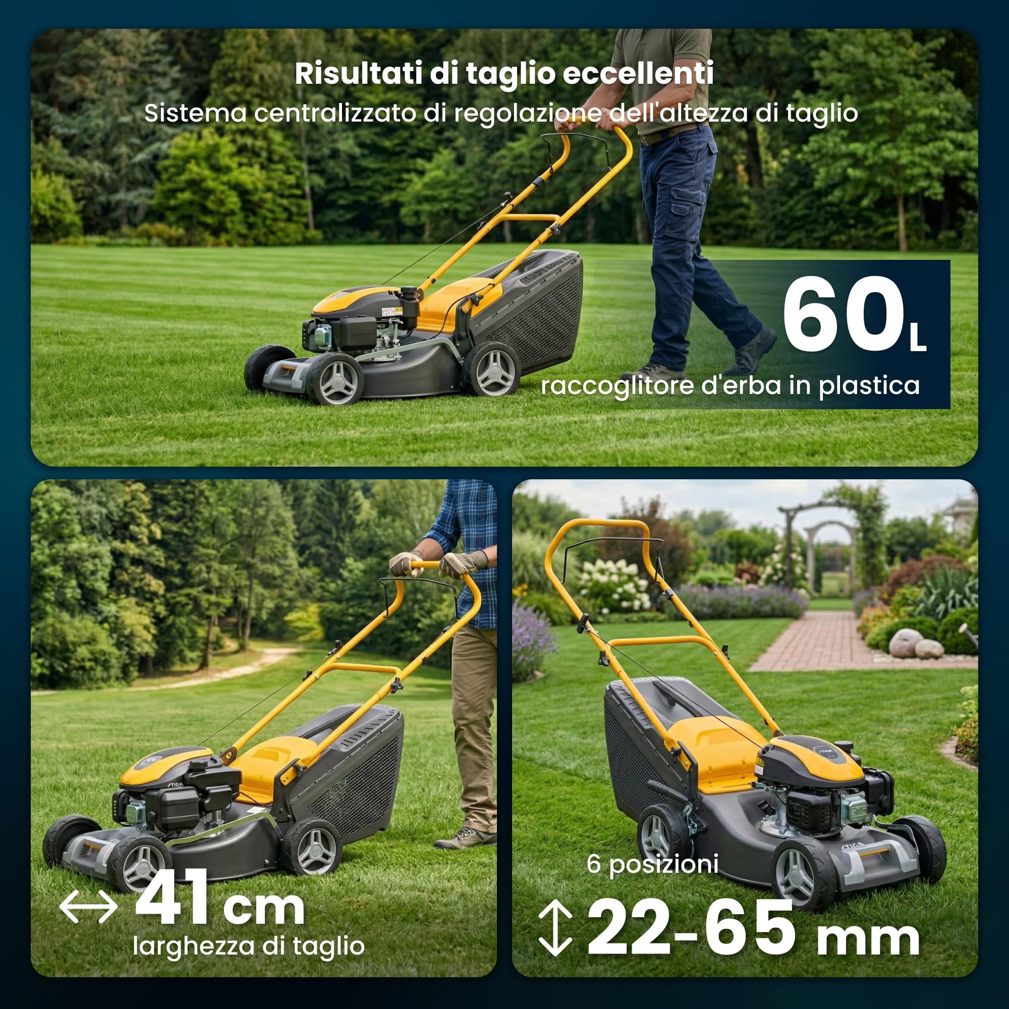 STIGA COLLECTOR 43 - Rasaerba a scoppio 123 cm³ 1,9 kW, larghezza di taglio 41 cm, scocca in acciaio, avanzamento a spinta, regolazione centralizzata dell'altezza di taglio, sacco raccolta da 60 litri