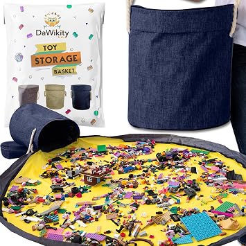 Toy Storage Basket and Play Mat - Building Bricks Toy Storage Organizer - Tidy with Ease - Toy Blocks Mat Storage Bag - Collapsible XL Kids Canvas Bag/Bin - Drawstring Playmat Boy/Girls-15"x14 NAVY