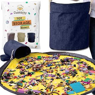 Toy Storage Basket and Play Mat - Building Bricks Toy Storage Organizer - Tidy with Ease - Toy Blocks Mat Storage Bag - Collapsible XL Kids Canvas Bag/Bin - Drawstring Playmat Boy/Girls-15"x14”(NAVY)
