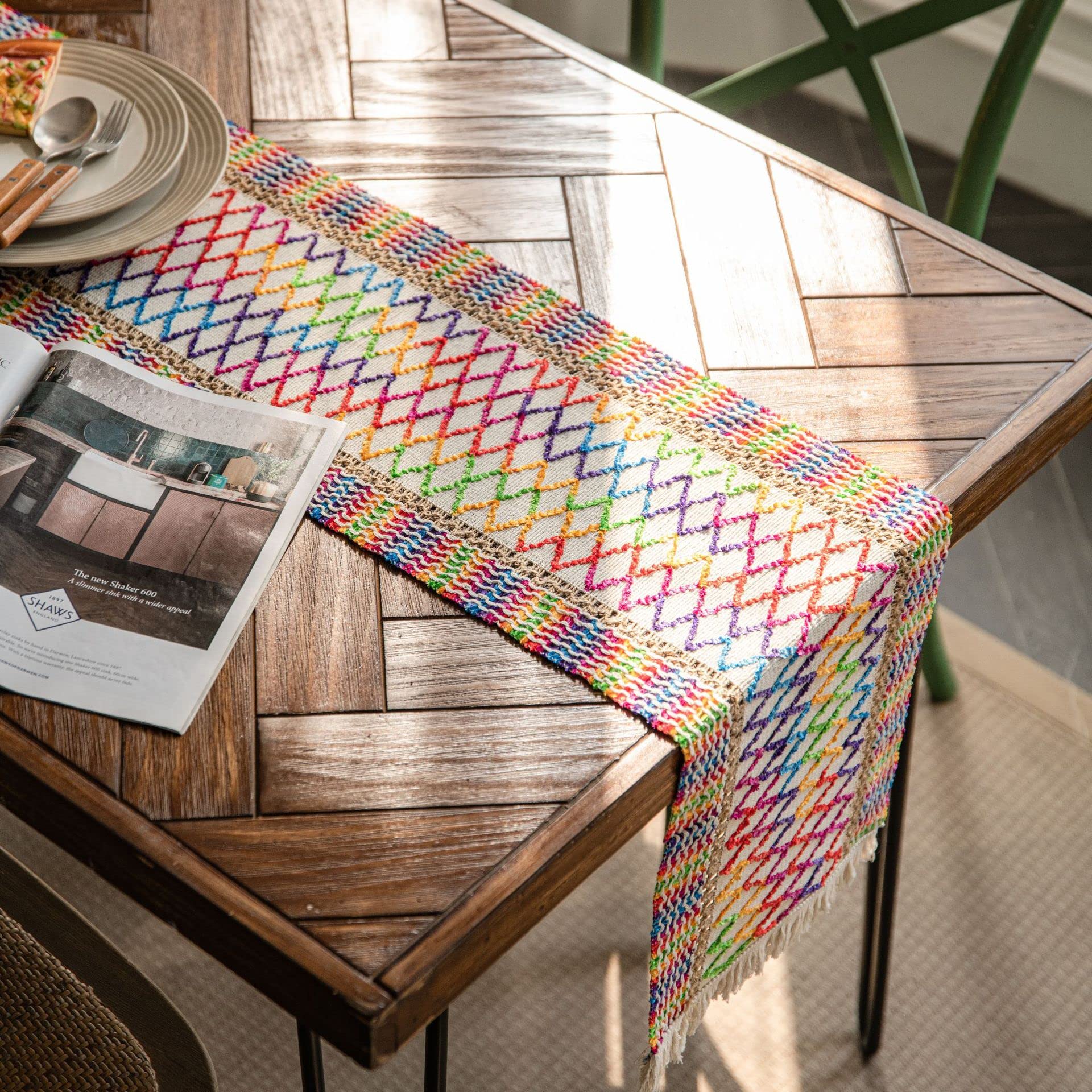 Table Runner Table Runner Cotton Crochet with Tassels Geometric Fringe Runners Retro Macrame Tablecloth(I,30*140cm)