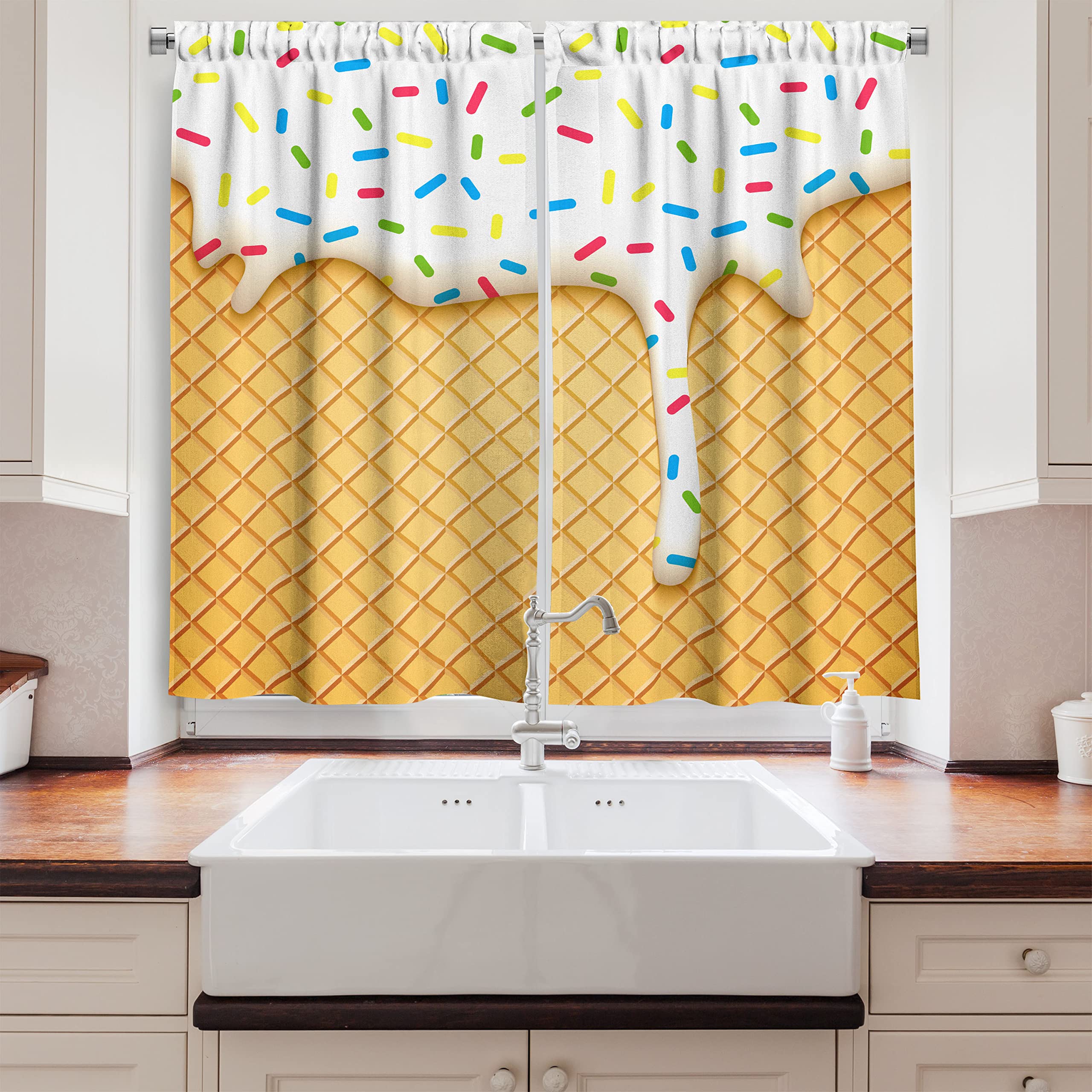 Ambesonne Food Long Kitchen Curtains, Cartoon Like Image of and Melting Ice Cream Cones Colored Sprinkles Print, Two Panels Drapes with Rod Pocket Room Decor, 55
