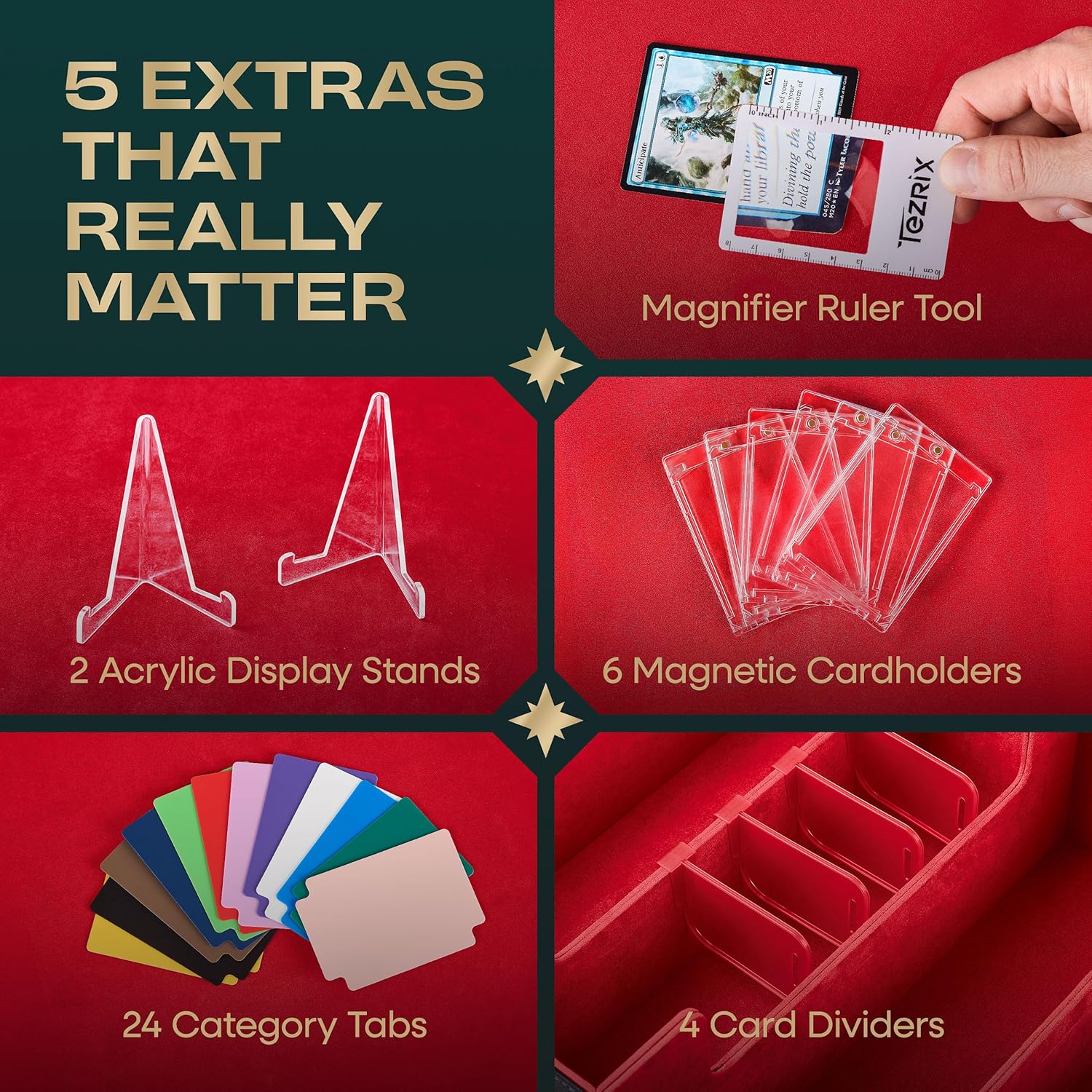 4-Row Mtg Trading Card Storage Box With Display Windows - Magnifier Ruler, 2 Display Stands, 6 Cardholders - 3000+ Card Case With Magnetic Closure, Sports TCG Card Organizer - Red Card Boxes