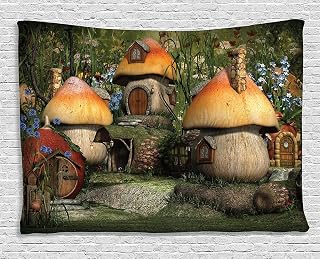 Ambesonne Nature Tapestry, Mushroom Houses in Forest Fantasy Wonderland Dwarf Theme, Wide Wall Hanging for Bedroom Living Room Dorm, 60" X 40", Multicolor