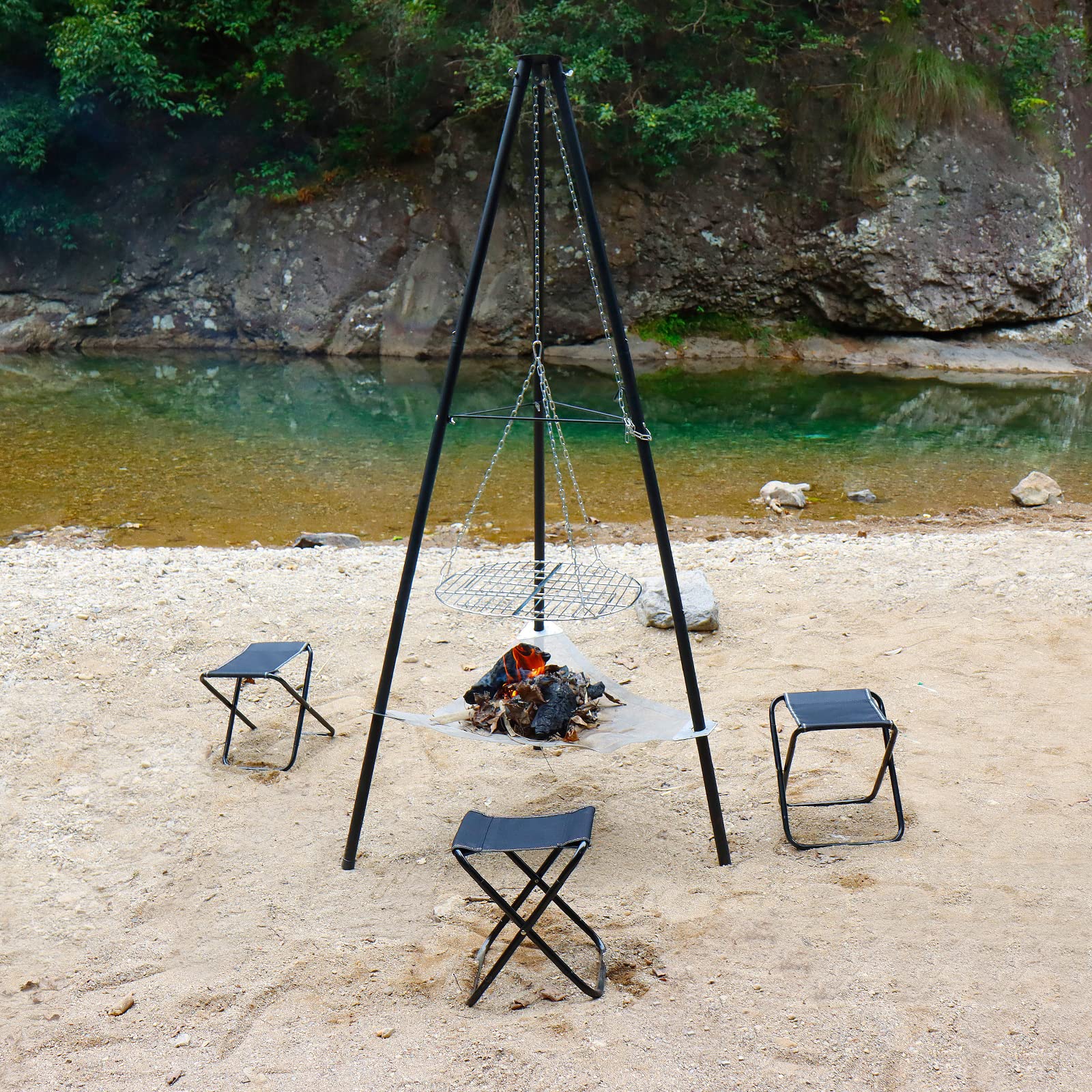 CCLIFE Griglia Treppiede Barbecue con Braciere,altezza 166 cm griglia Girevole Portatile,Catena Regolabile in Altezza