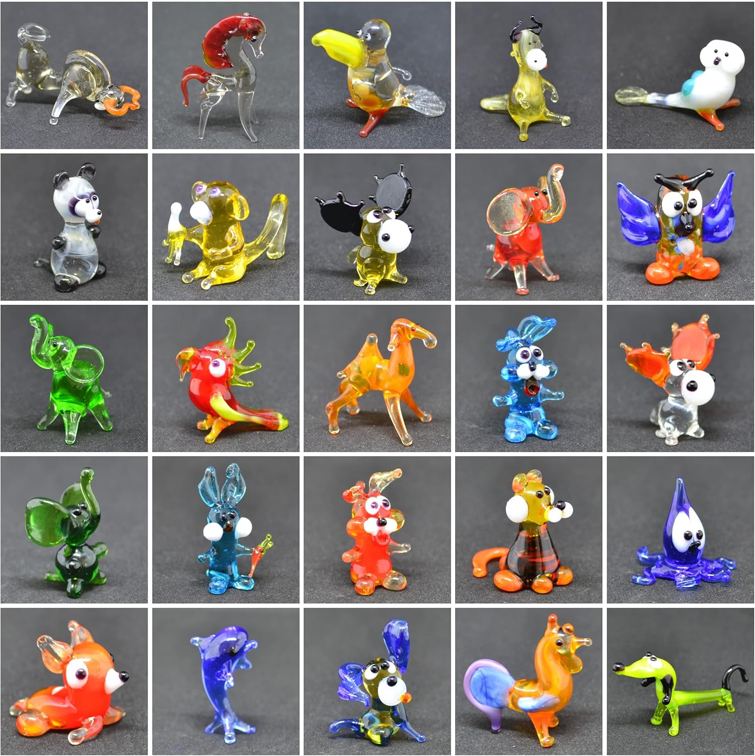 Set of 50 Tiny Glass Animal Figurines (1”) – Hand-Blown Assorted Miniatures – Collectible Ornaments for Fairy Garden, Dollhouse & Desk – Gift for Kids & Adult Collectors