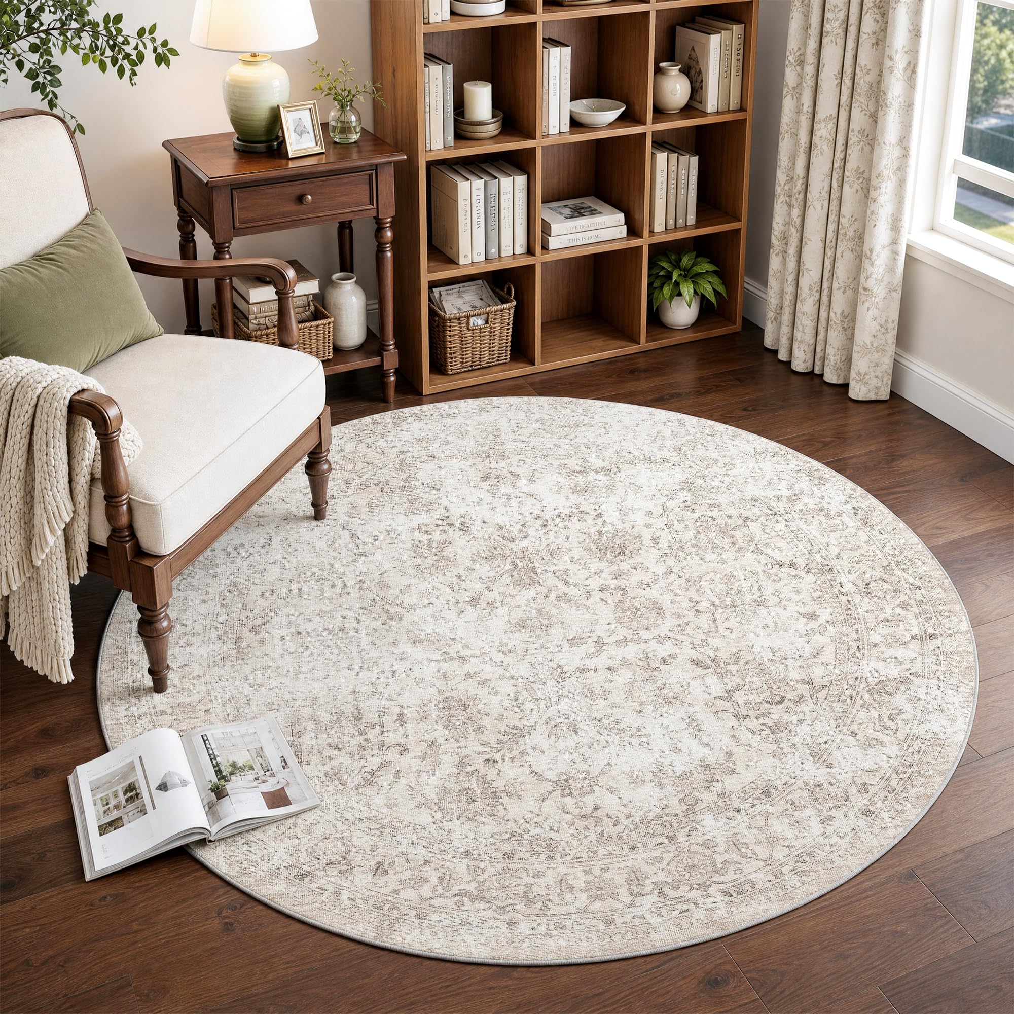 FMFUNCTEX 4ft Round Washable Beige Neutral Vintage Area Rug for Living Room