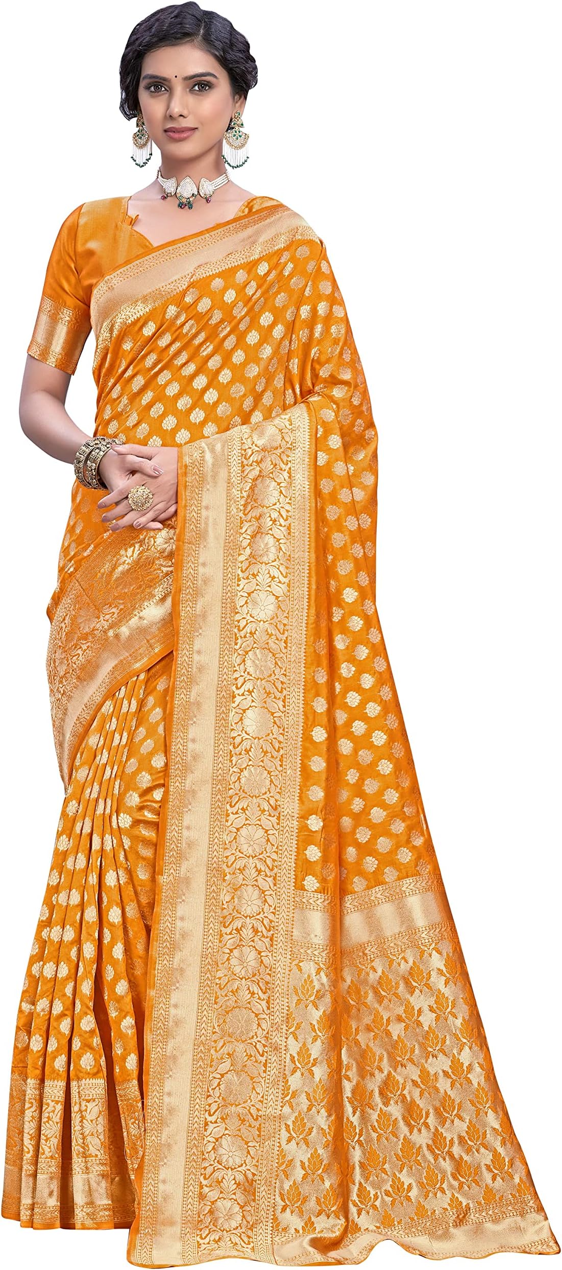Women's Kanchipuram Art Silk Saree With Blouse Piece, Mustard, Free Size