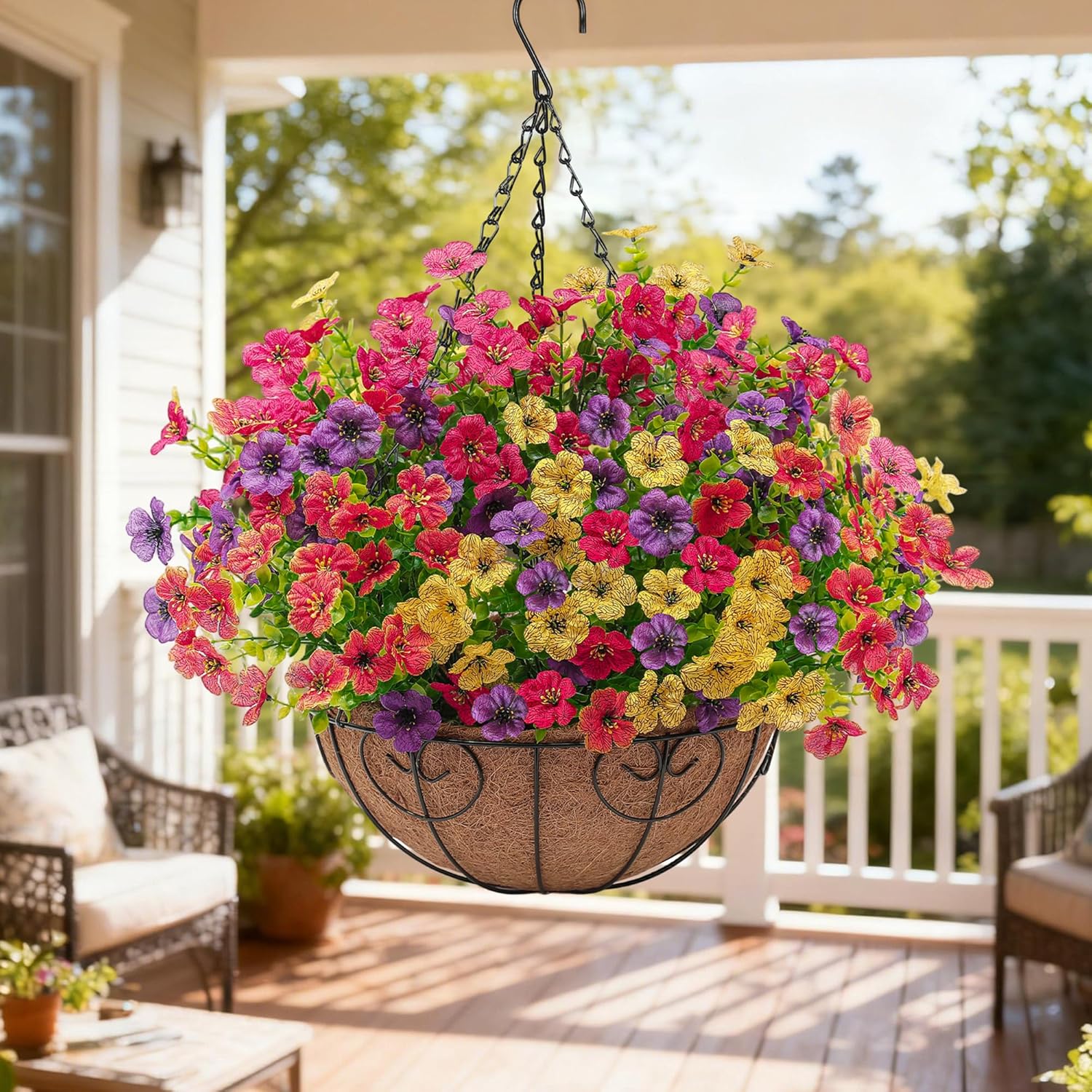 2 Set Artificial Faux Hanging Flowers Plants Basket for Outdoors Outside Spring Summer Decoration,2 Hanging Planters 24pcs Silk Fake Flowers UV Resistant Porch Patio Front Garden Home (4 Multicolor) - Image 2