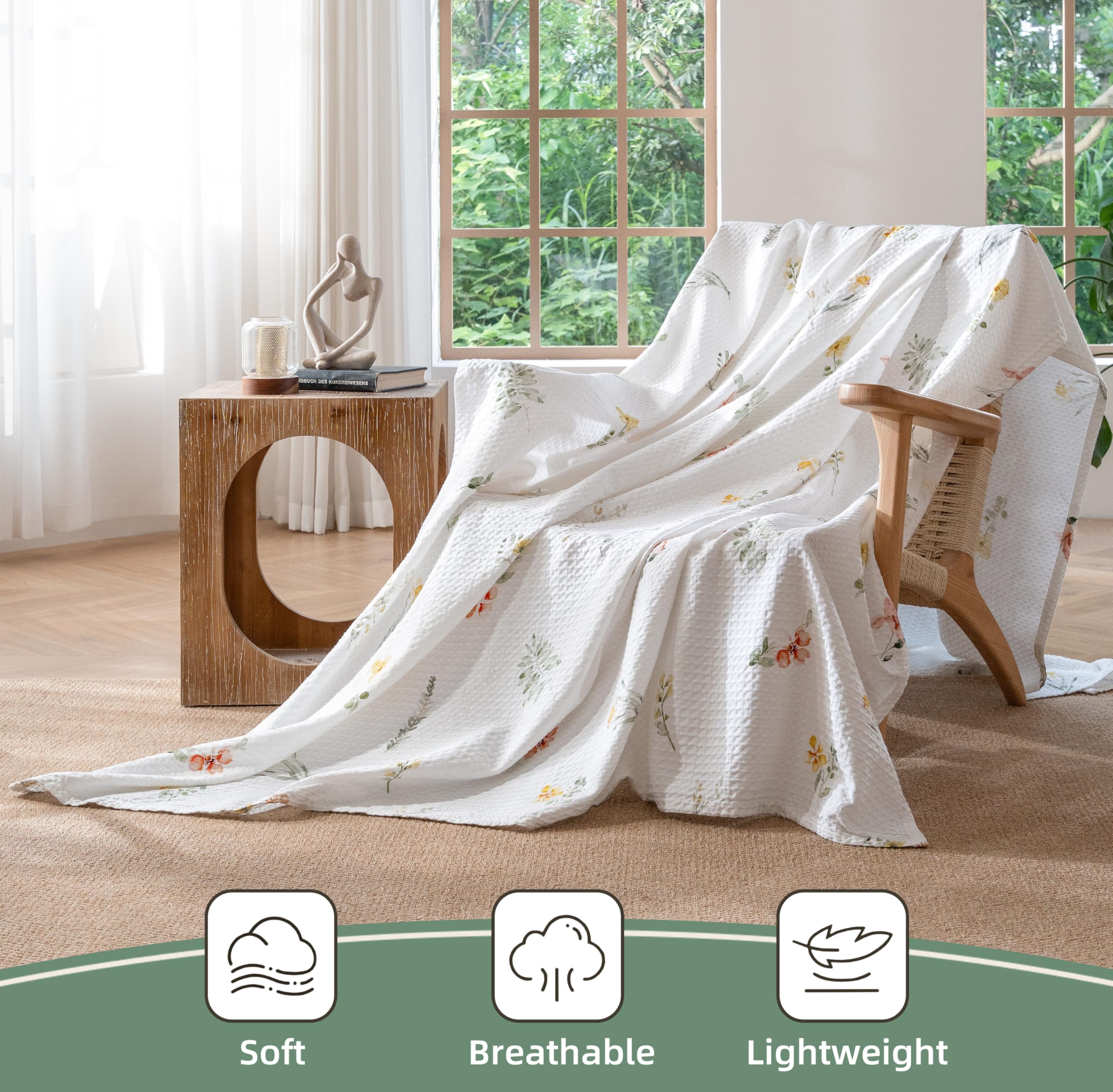 CHUFFED 100% Cotton Waffle Blanket 150x200cm Soft Lightweight Throw Blanket for All Season Flower Floral Printed Blanket Layer for Couch Bed Sofa Twin/Double Size-White - Image 3