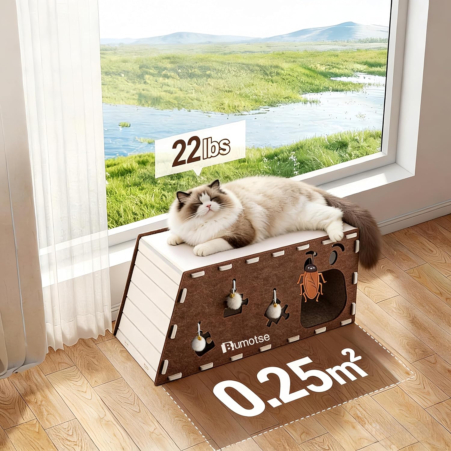 2-Story Large Cat Condo for Indoor Cats with Catnip Toy, Felt Cat Cave House with Scratching Tunnel, No-Tool Assembly Warm Silent Cat Bed for Multi-Cat Households, Durable and Washable, Coffee