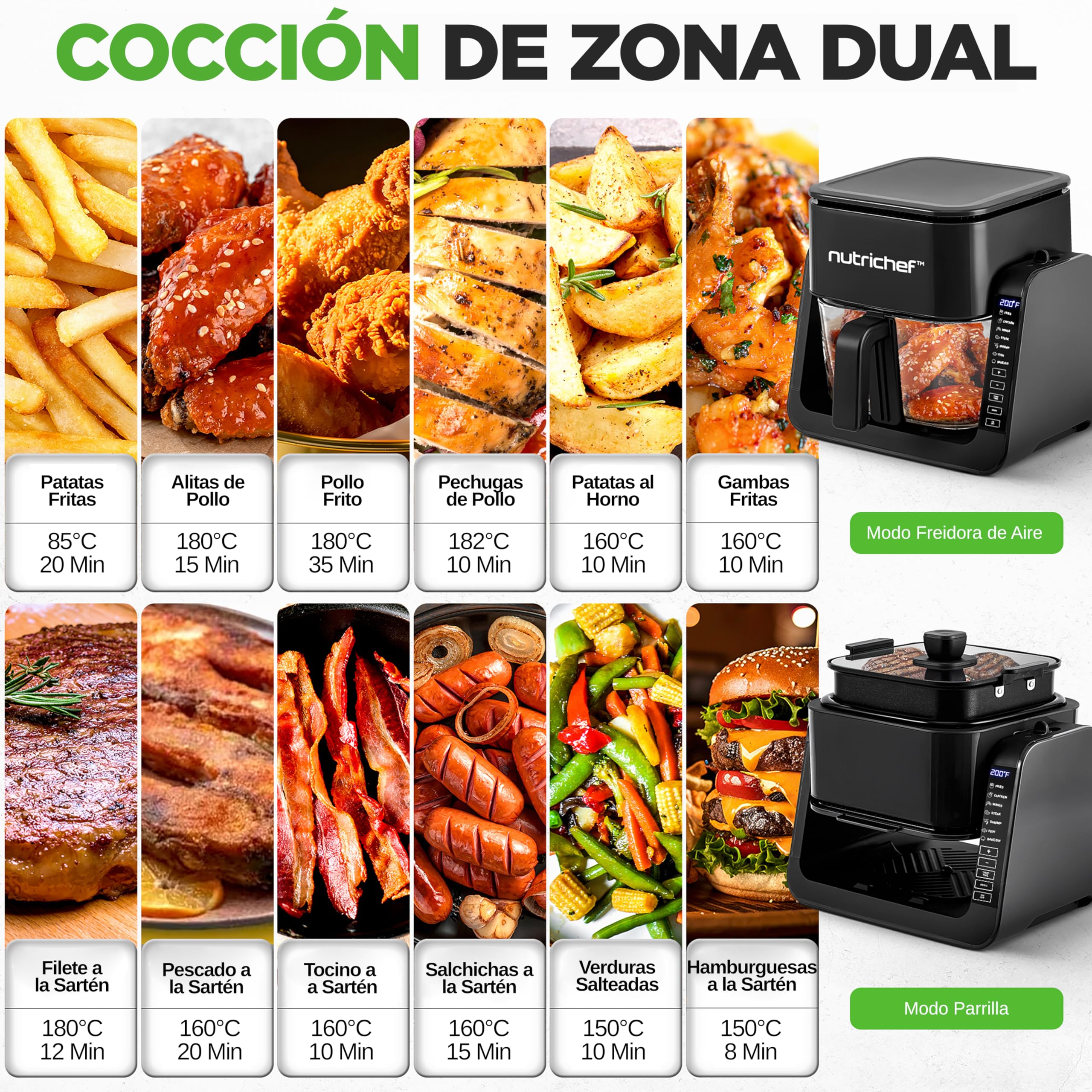 Nutrichef freidora de aire de 3.8L y grill de 1L, 7 modos de coccion preestablecidos, Tazon transparente