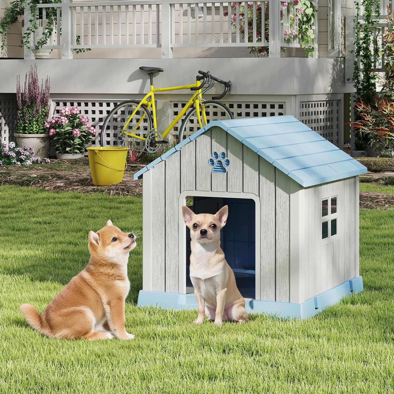 Bifanuo Dog House for Outdoor & Indoor Use with Window, Waterproof Ventilated Kennel with Elevated Floor, Easy to Clean Shelter for Small Medium Dogs (Blue, 29.9" L x 32.3" W x 32.5" H)