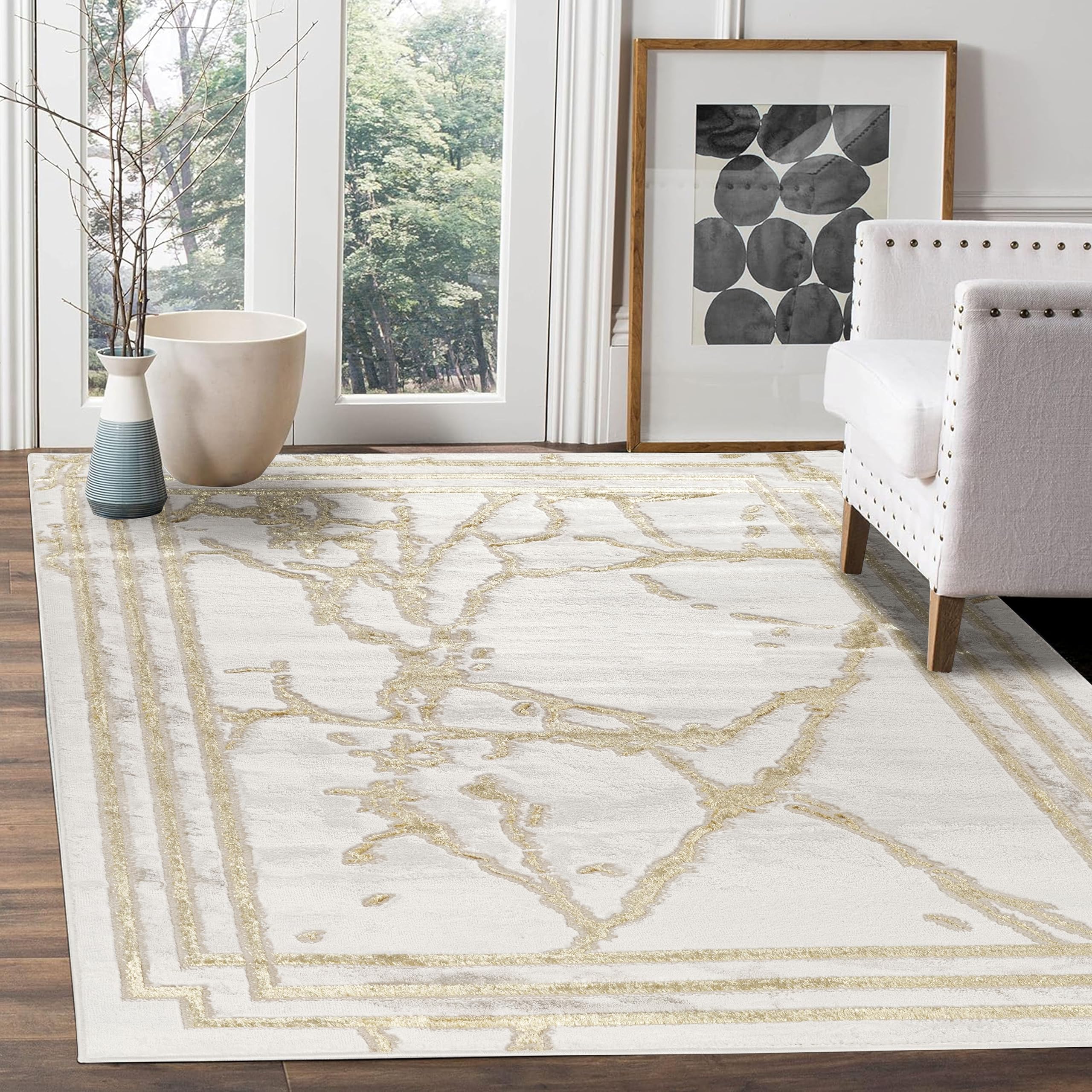 GLORY RUGS Area Rugs Marble 5x7 Cream Gold Border Beige Carpet Elegant Modern Abstract Rug Living Room Dining