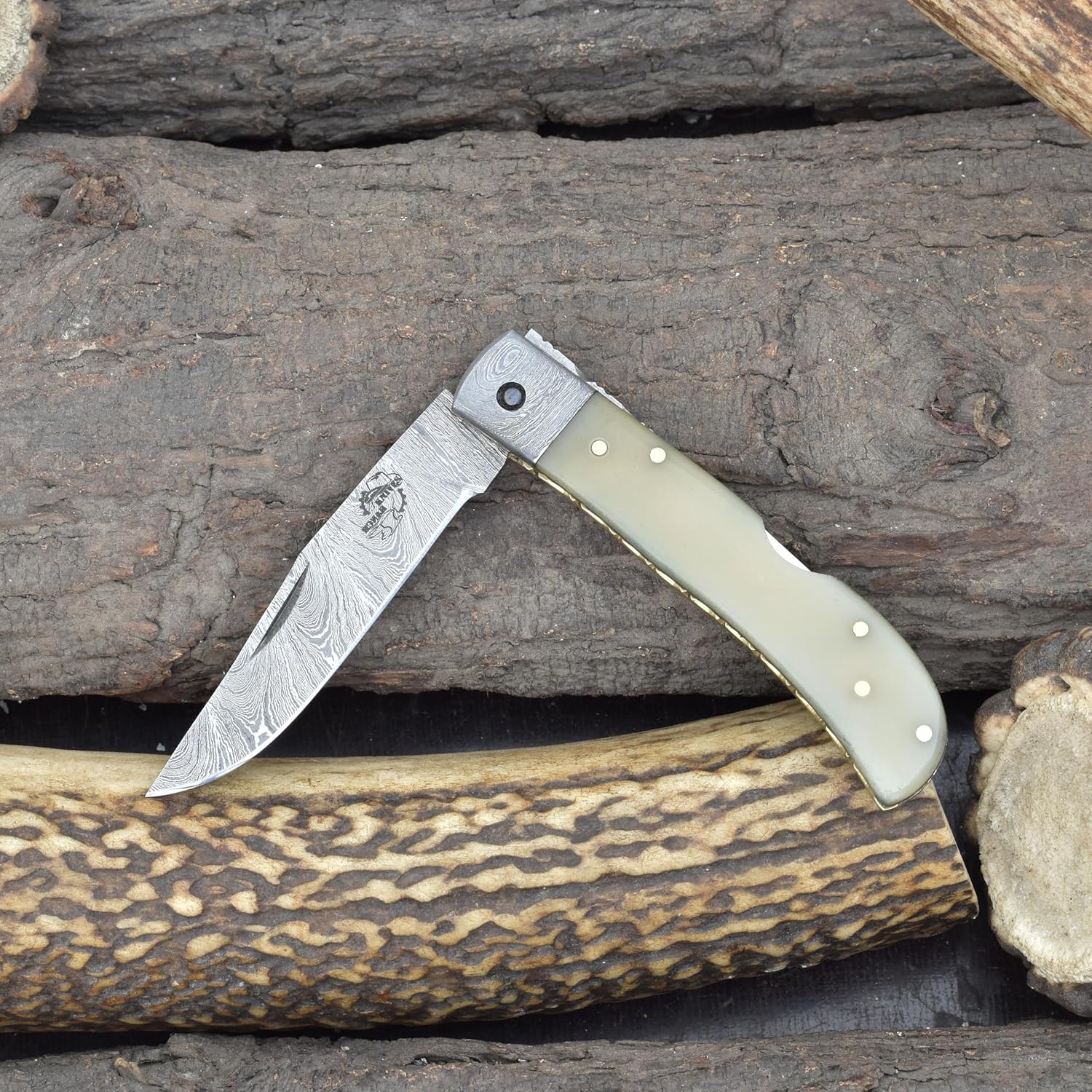 Knives Ranch Handmade 4" (Closed) Damascus Steel Folding Knife - Single Blade - Natural Bone Handle - 45 Degree Pancake Sheath (5127-B)