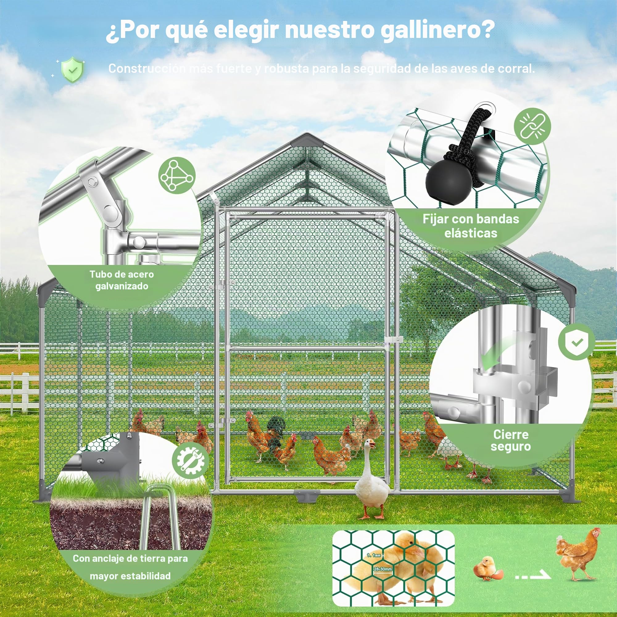 UISEBRT Gallinero de 3 x 2 x 2 m, cercado exterior, con techo de protección solar de polietileno, jaula para gallineros con cerradura, marco de acero galvanizado, jaula para mascotas