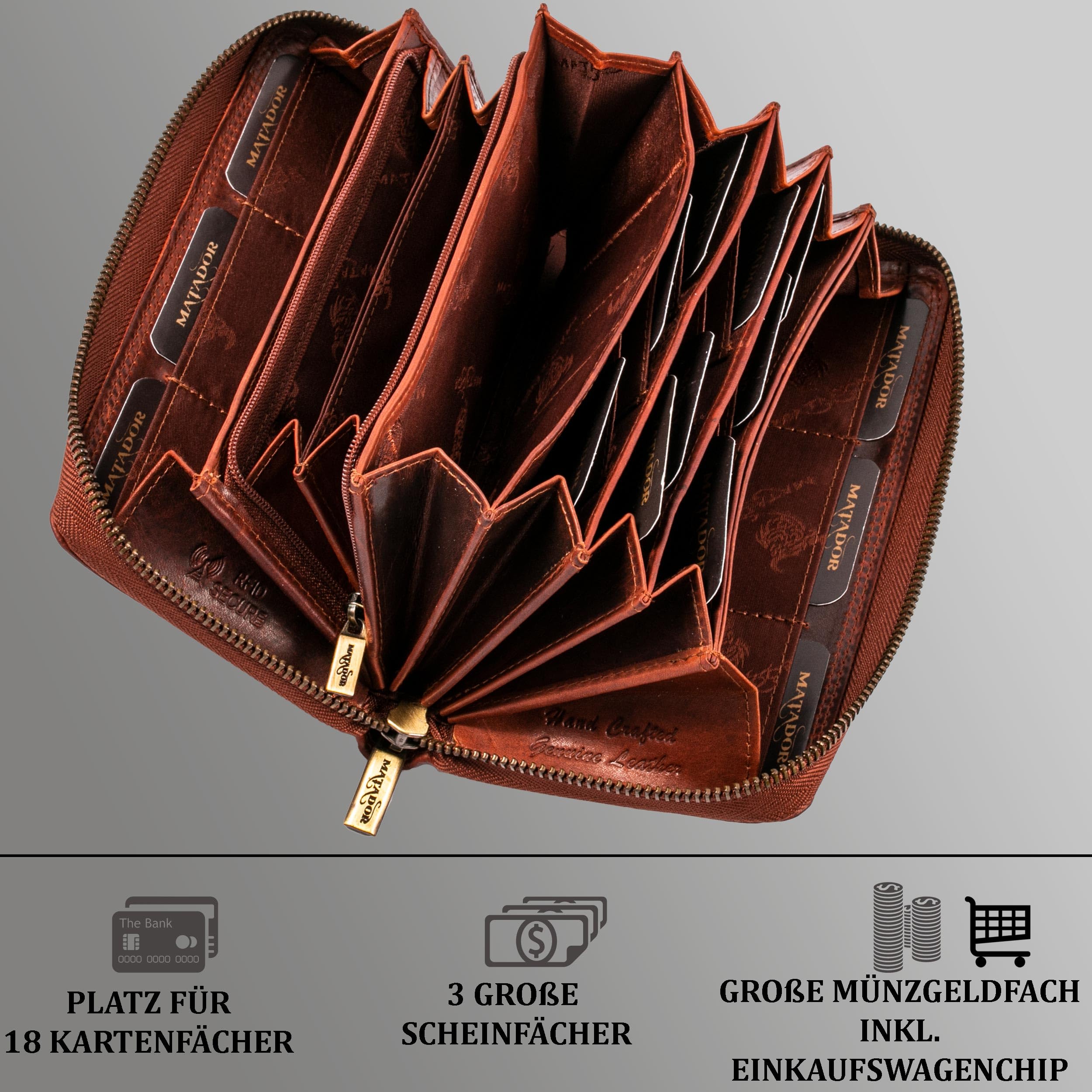 MATADOR XL Karten Portemonnaie Geldbeutel Damen Leder Groß #GIRONA mit edler Geschenk Box, Portmonee Geldbörse Damen Gross mit RFID Blocker, Geldtasche Brieftasche, Damenportemonnaie Blumen Braun