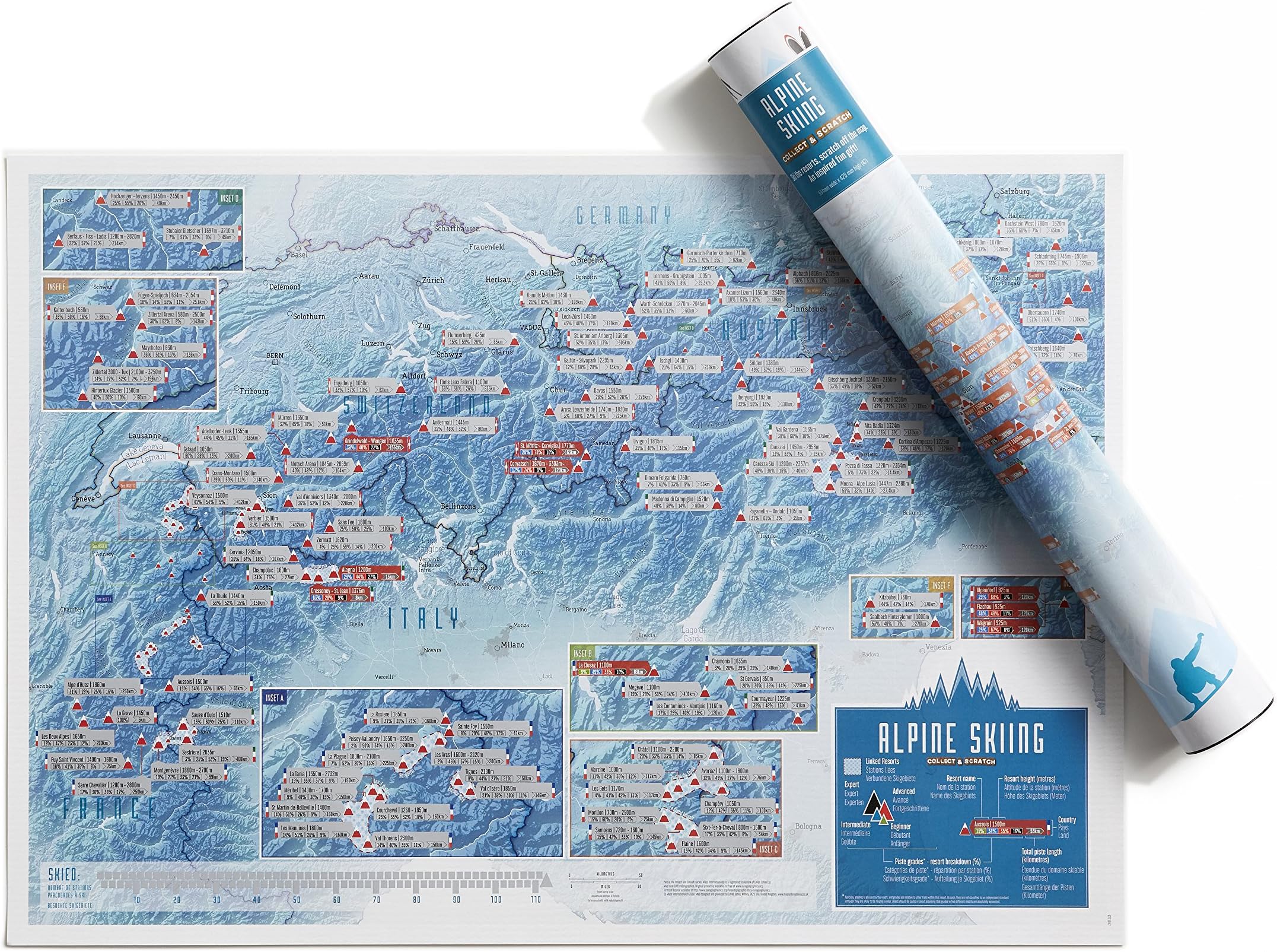 Scratch Off Alpine Ski Resorts Print - Maps International - poster gift for skiing/snowboarding enthusiasts - alps peaks - gift tube - a2 sized 59.4 (h) x 42 (w) cm