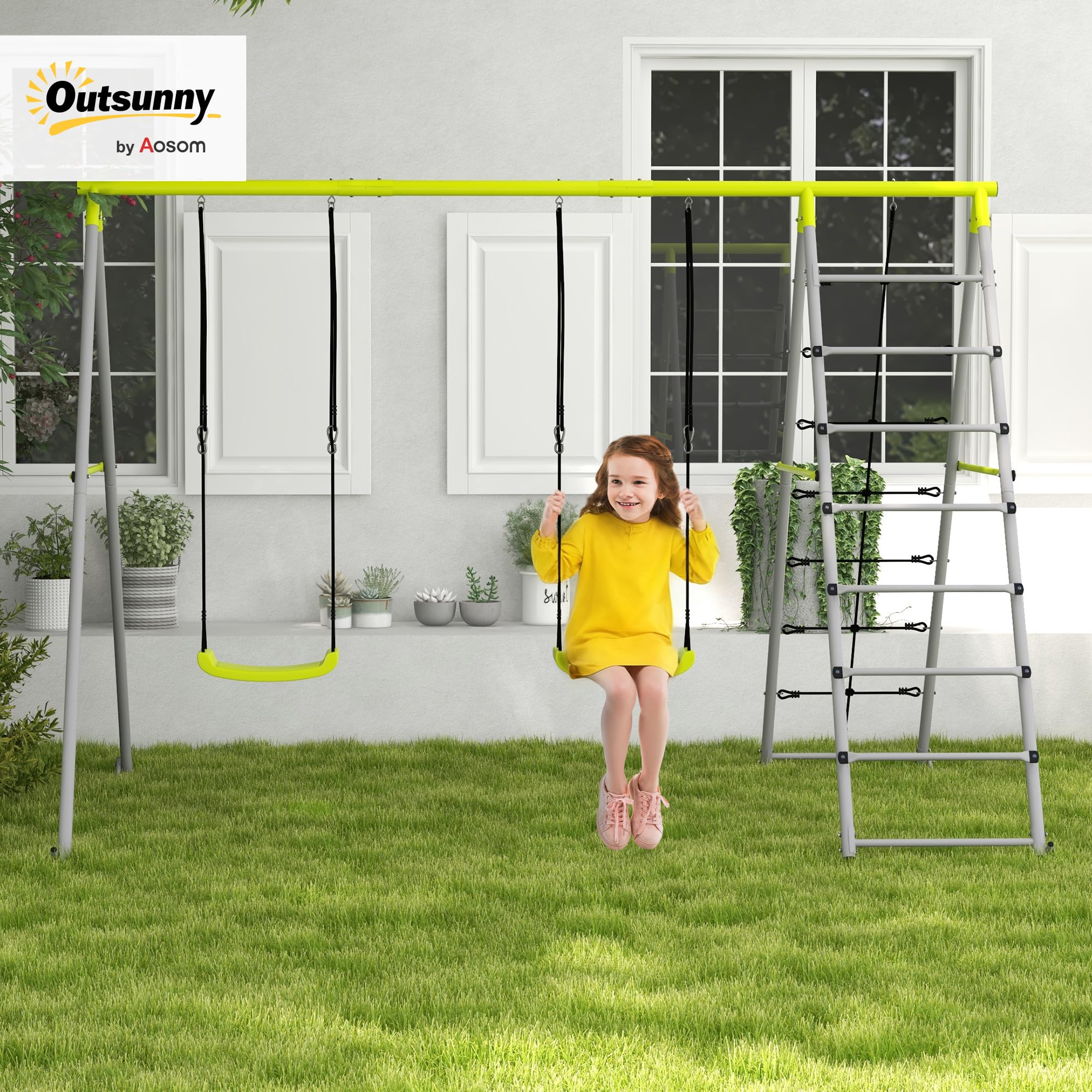 Outsunny Columpio 4 en 1 para Niños con 2 Sillas, Trepador, Red de Escalada, Cuerda Ajustable y Anti-UV, Jardín Exterior, Carga 180 kg, 260x185x180 cm, Gris y Verde