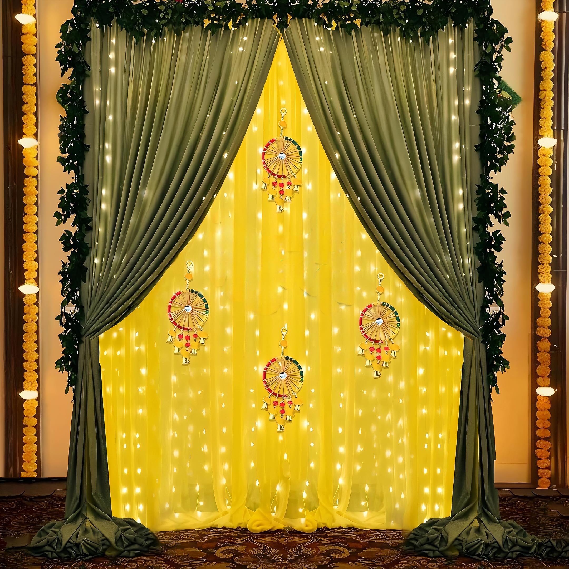 Floroom Yellow Backdrop Cloth for Decoration with Lotus Hangings - 8 Pcs Haldi Decor Items for Home, Backdrop for Pooja, Haldi Backdrop Decoration Set, Wedding, Festive Decor (Haldi_45) (Haldi_24) 4